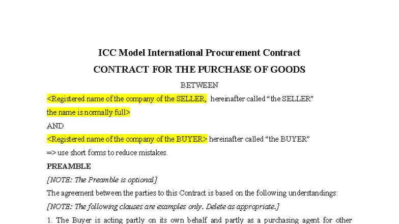 ICC Model International Procurement Contract: Purchase of Goods - Studocu