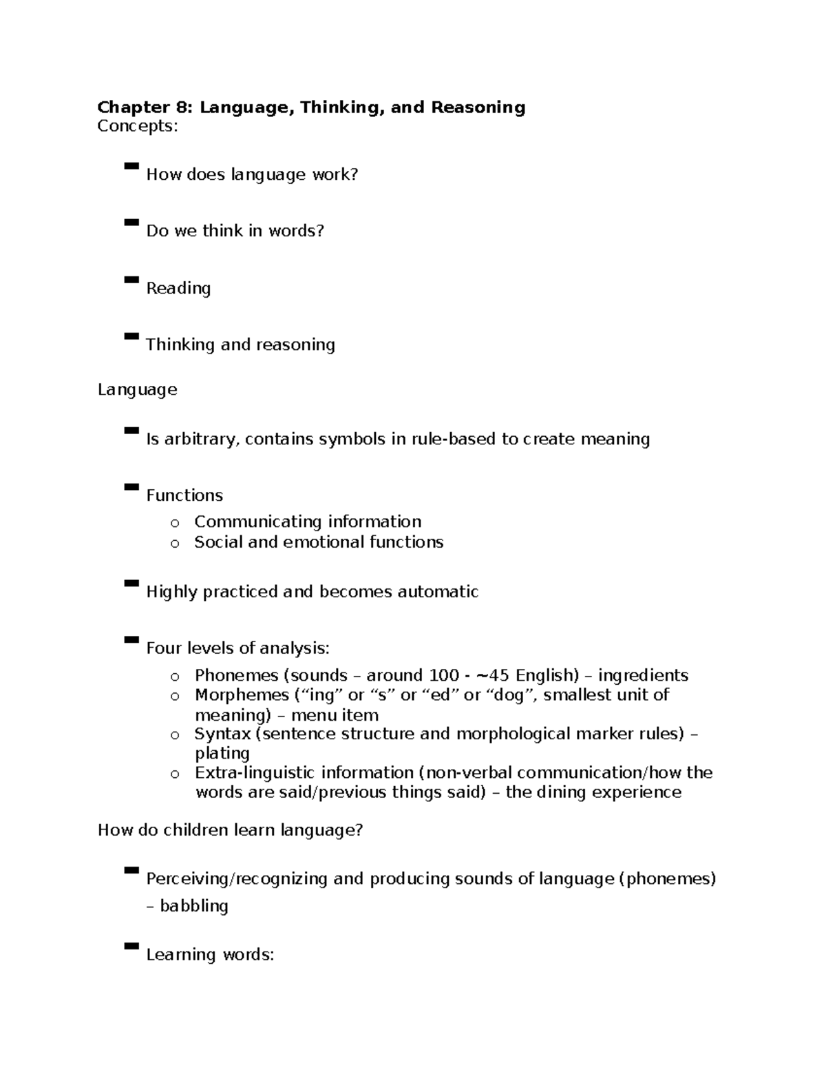 Final - Chapter 8: Language, Thinking, and Reasoning Concepts: - How ...