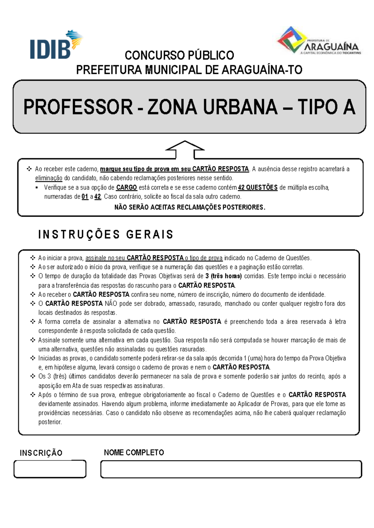 Idib 2020 - Prova de Professor Zona Urbana - Prefeitura de Araguaina TO ...