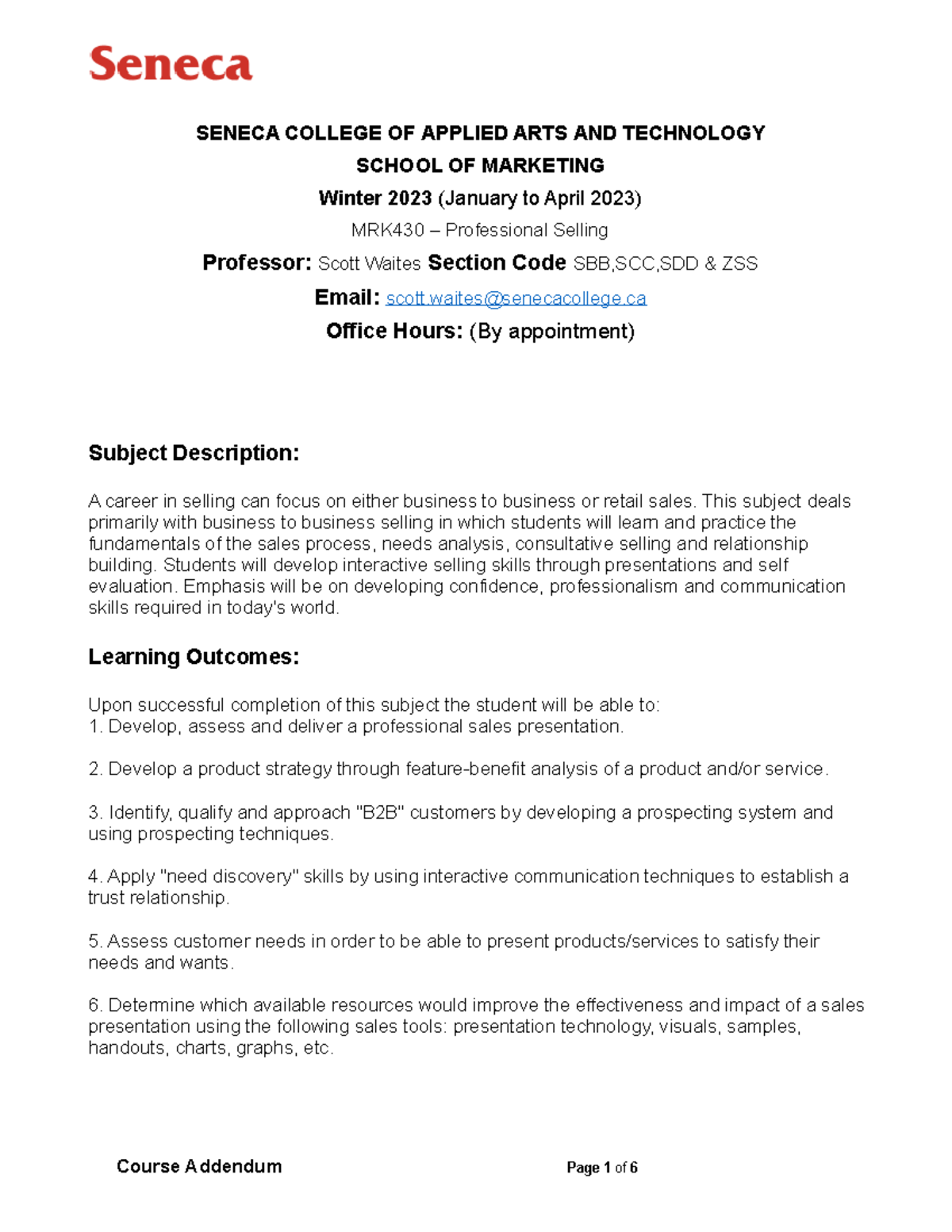 Addendum for MRK430 - Professional Selling, Winter 2023 - Studocu