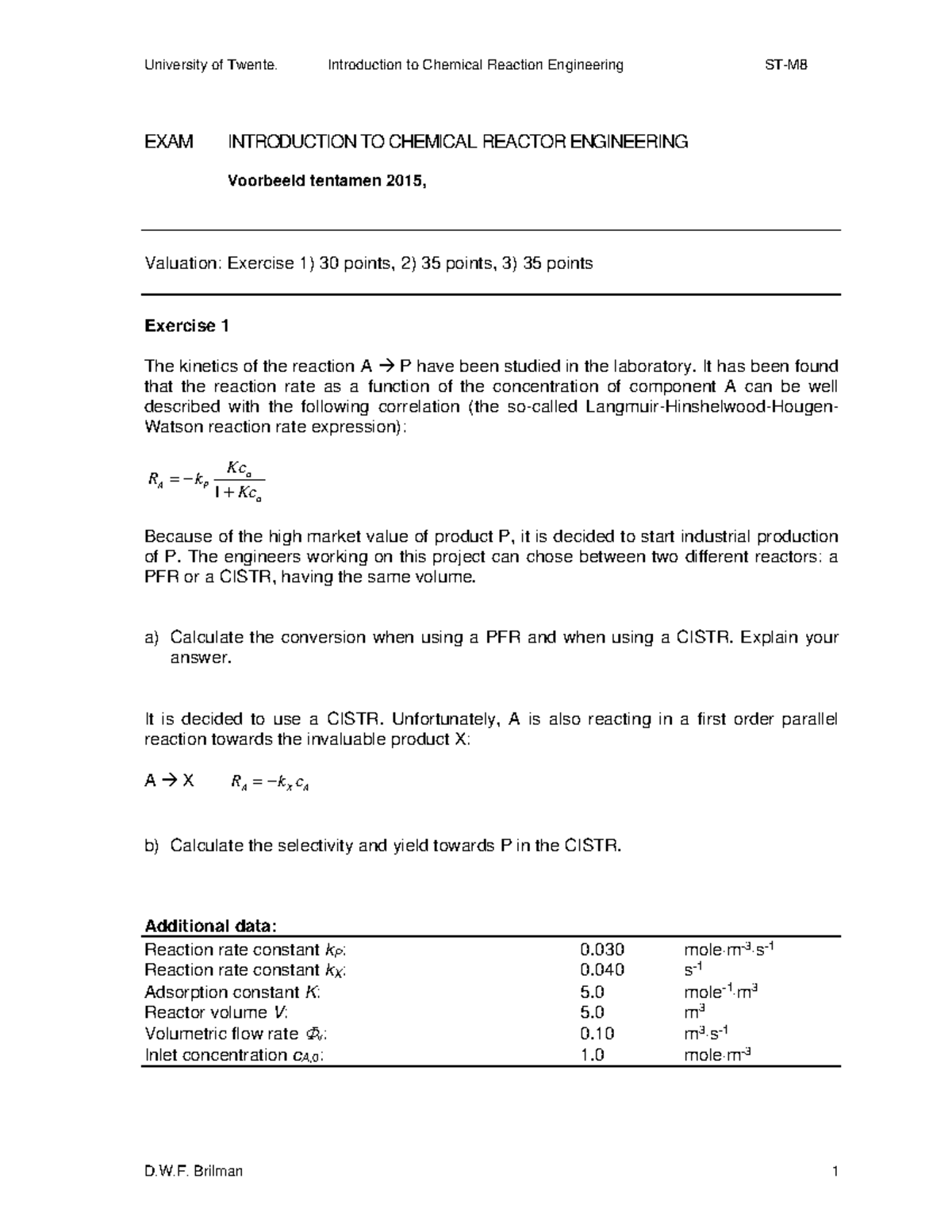 Introduction to Chemical Reaction Engineering Exam ST-M - Example 2015 ...