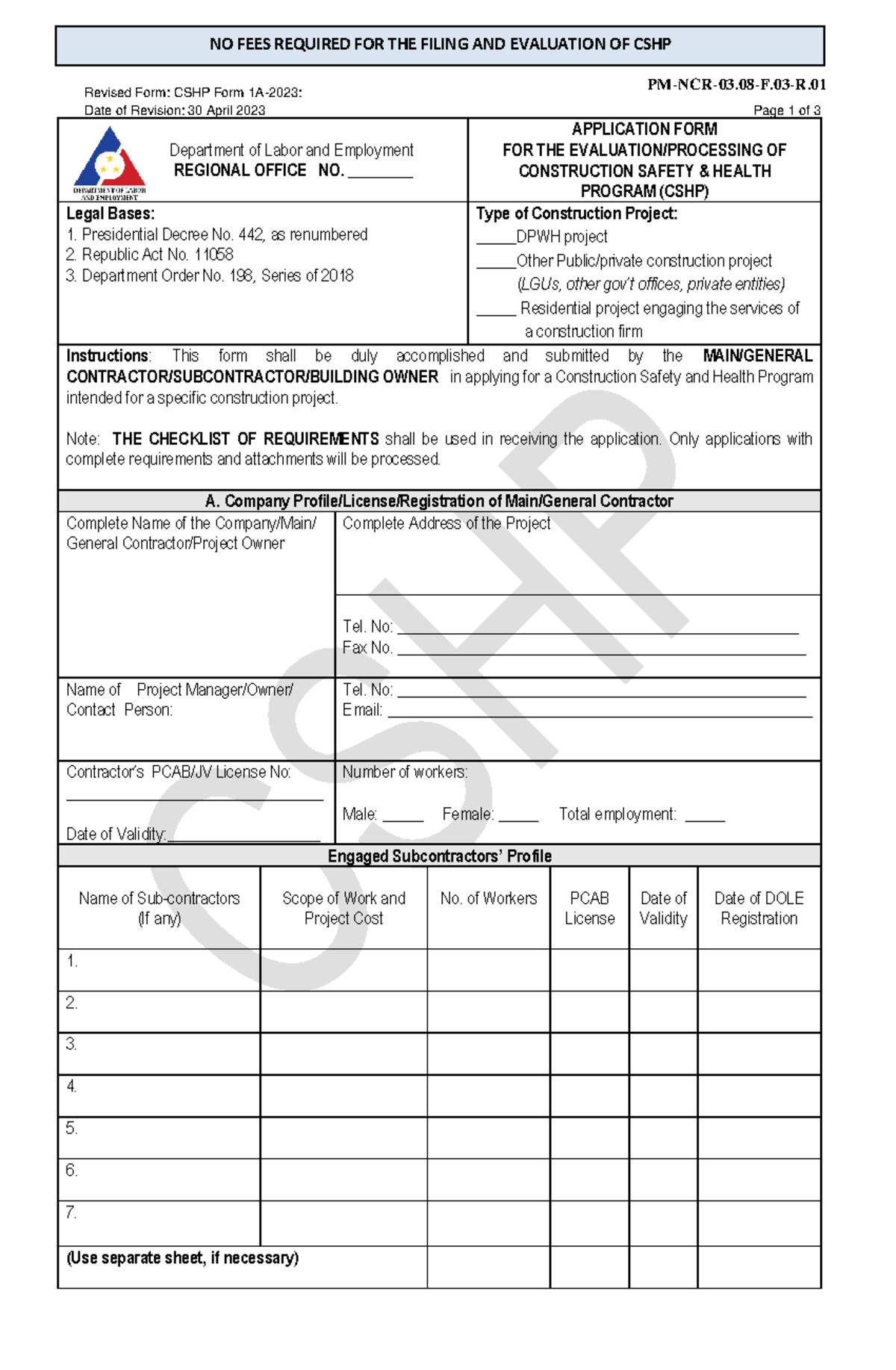 PM-NCR-03 08-F 03-R 01 - CSHP Application Form (Revised 2023) - Studocu