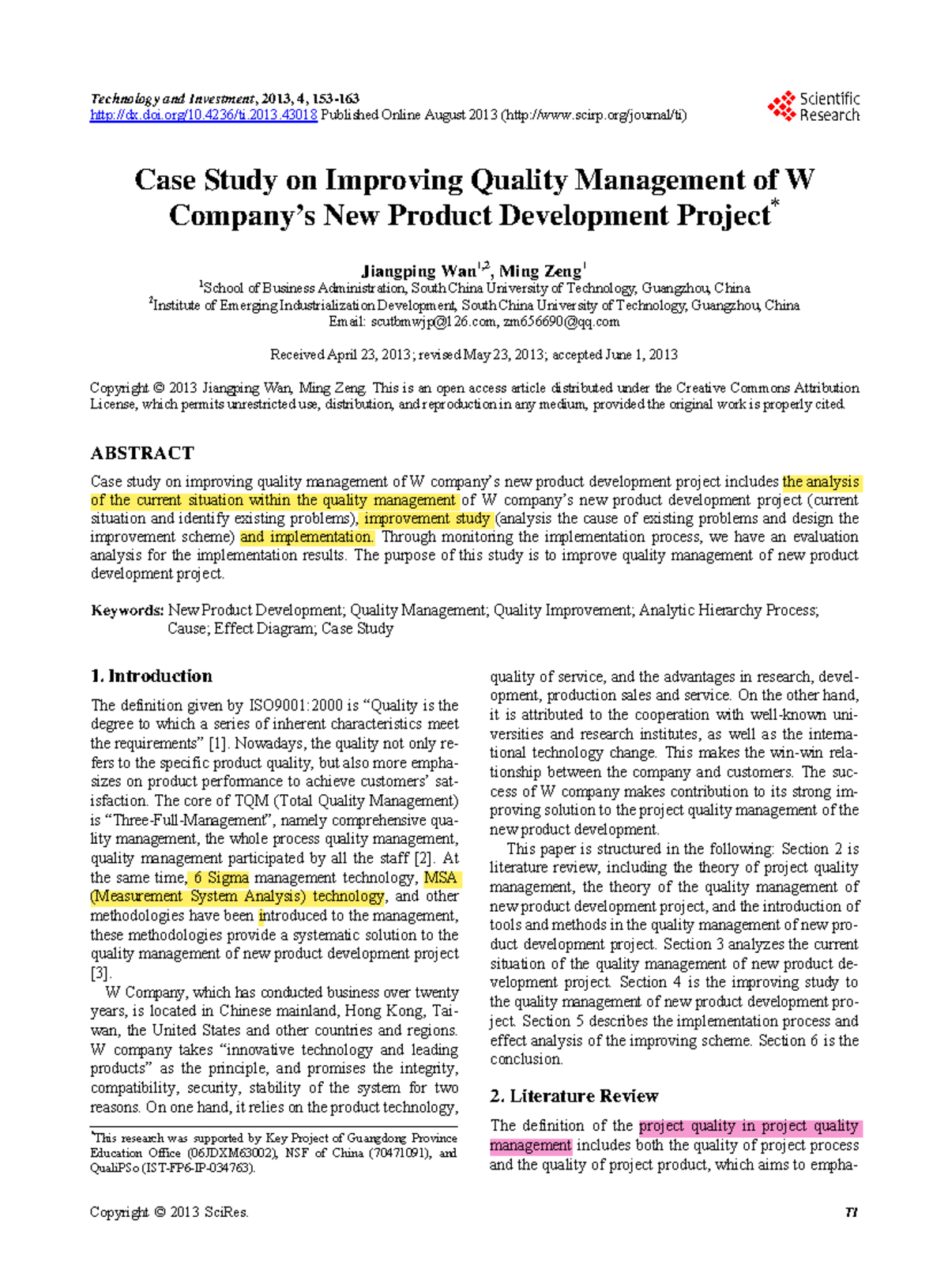 1 Case Study on Improving Quality Management of W Company’s New Product ...