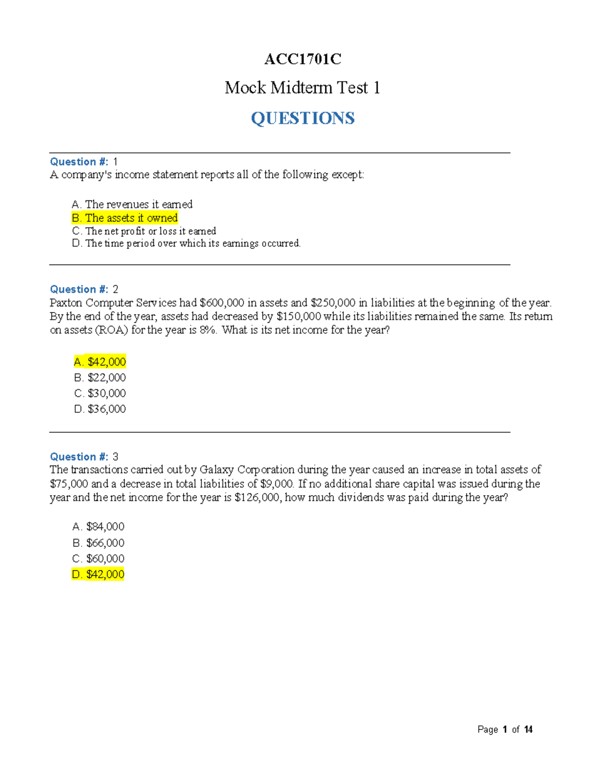 ACC1701C Mock Midterm Test 1: Key Questions and Answers - Studocu