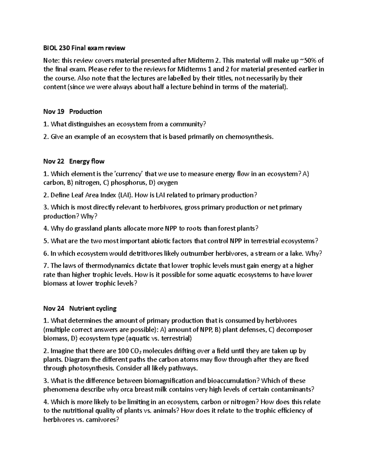 BIOL 230 Final Exam Review: Key Topics After Midterm 2 - Studocu