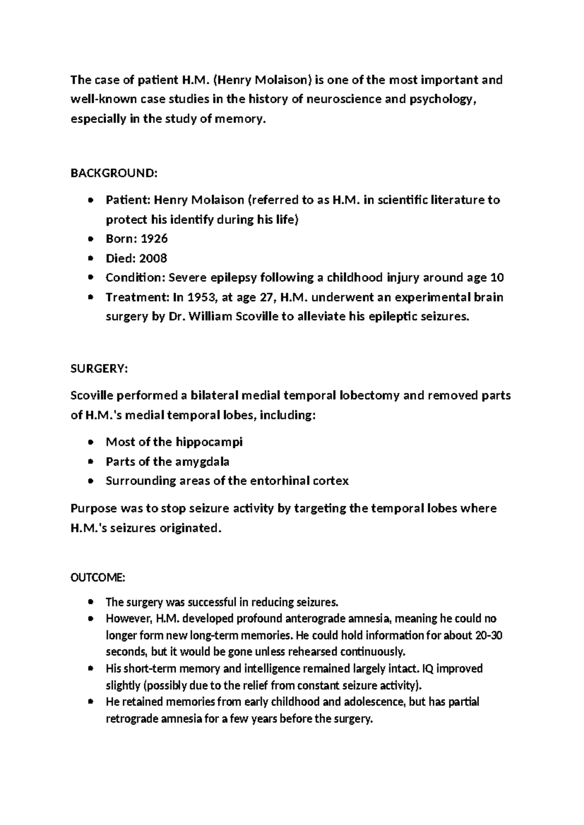 Case Study: Patient H.M. (Henry Molaison) and Memory Systems - Studocu