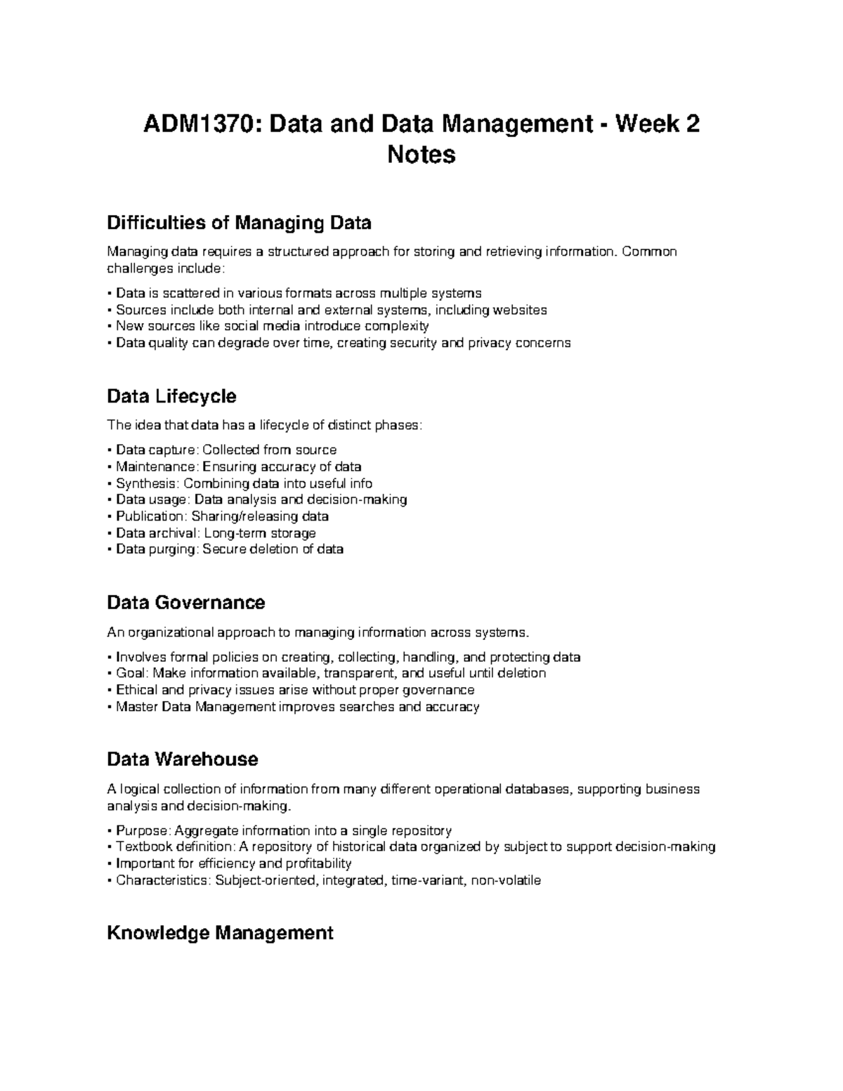 ADM1370: Week 2 Notes on Data Management Challenges and Governance ...