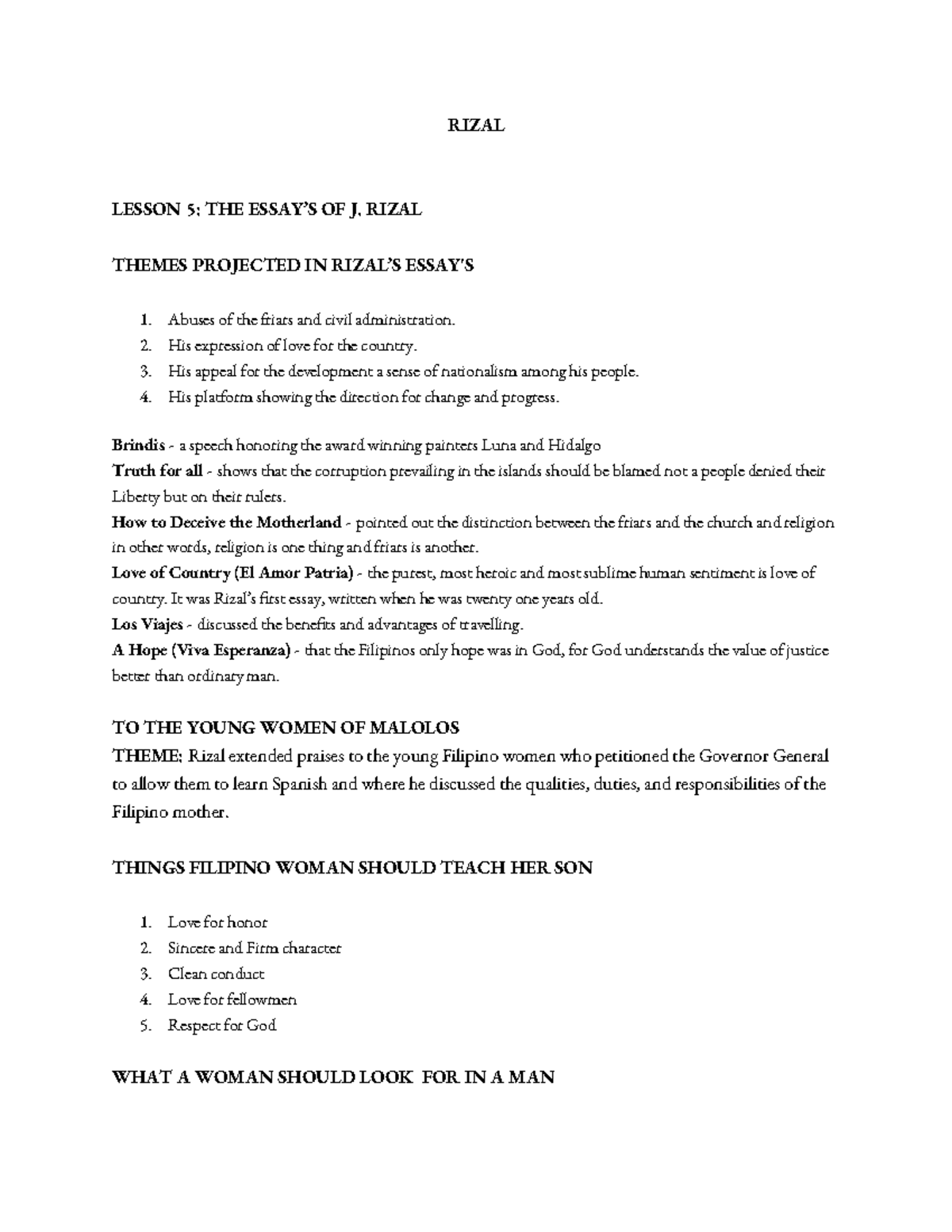 RIZAL LESSON 5: THEMES IN J. RIZAL'S WORKS AND IDEAS - Studocu