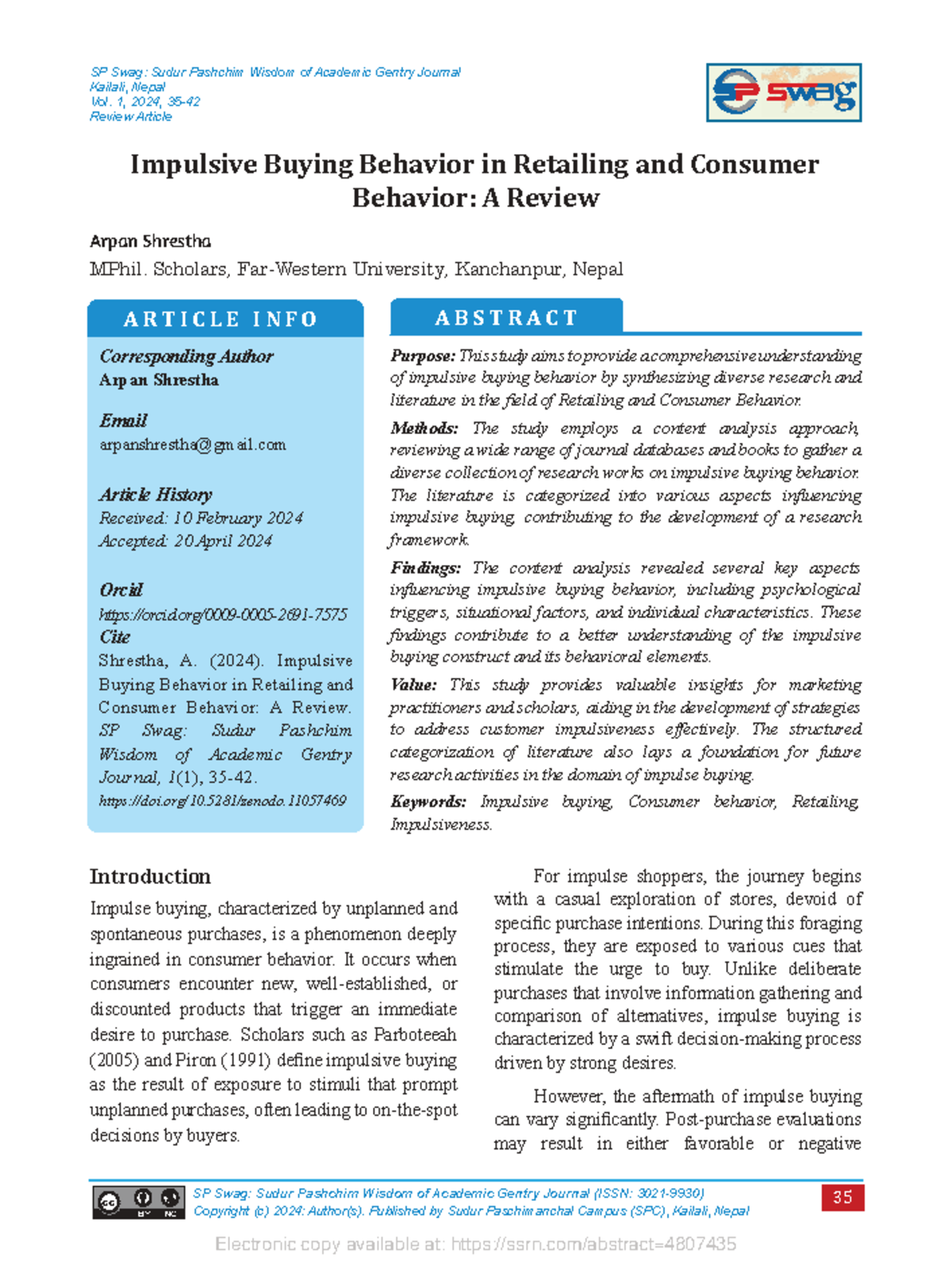 SP Swag: Impulsive Buying Behavior in Retailing - A Review (Vol. 1 ...