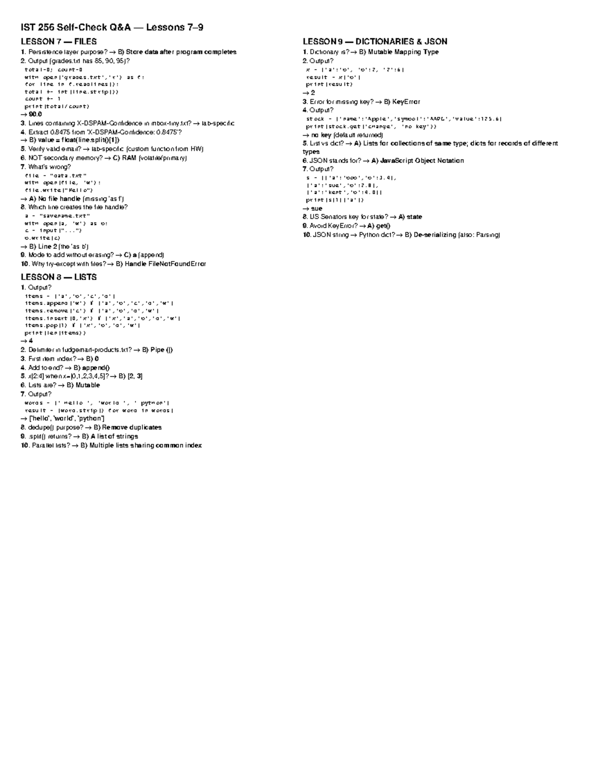 IST 256 Self Check: Lessons 7-9 on Files, Dictionaries, and Lists - Studocu