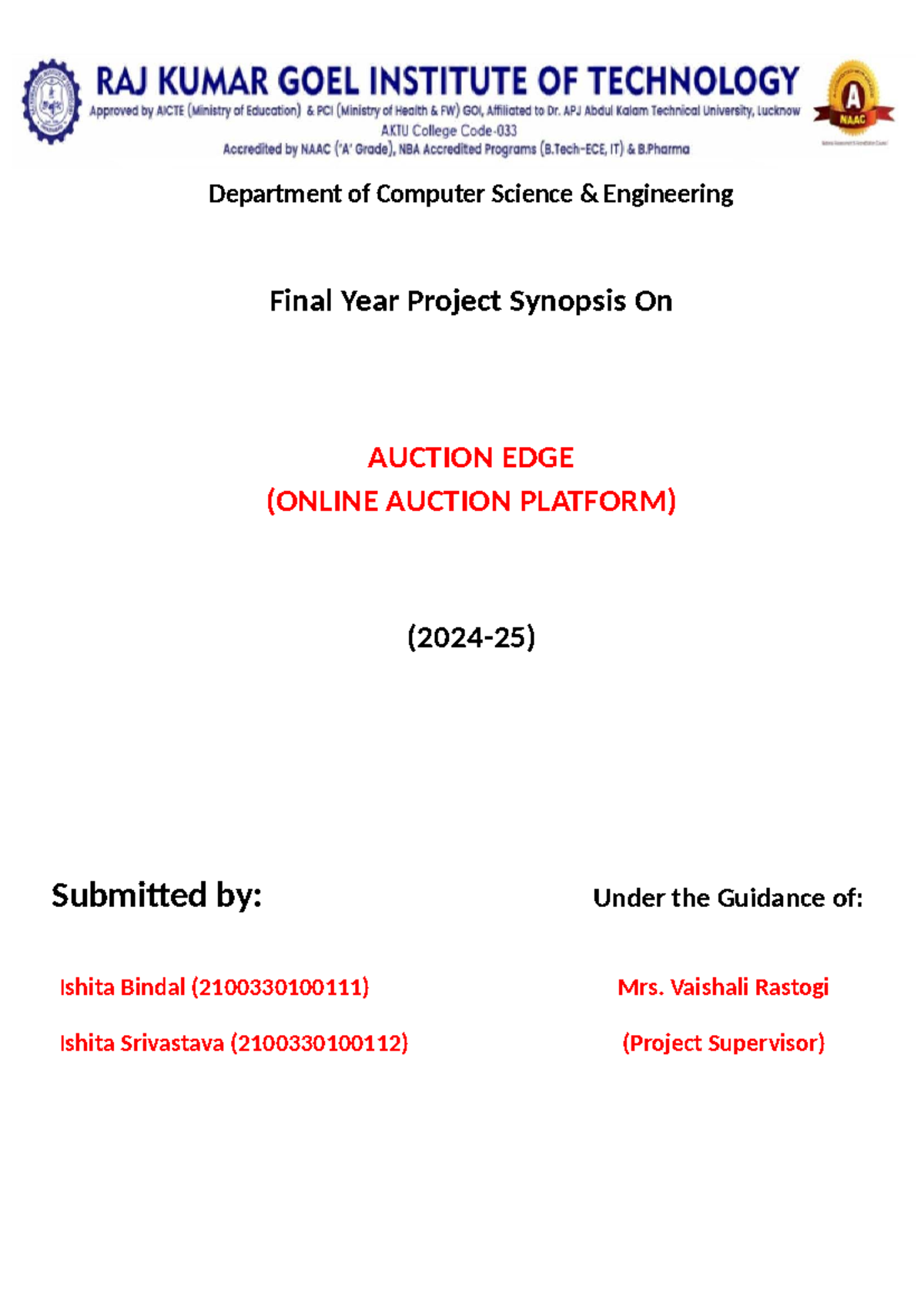 CSE Final Year Project Synopsis: Auction Edge Online Auction Platform ...