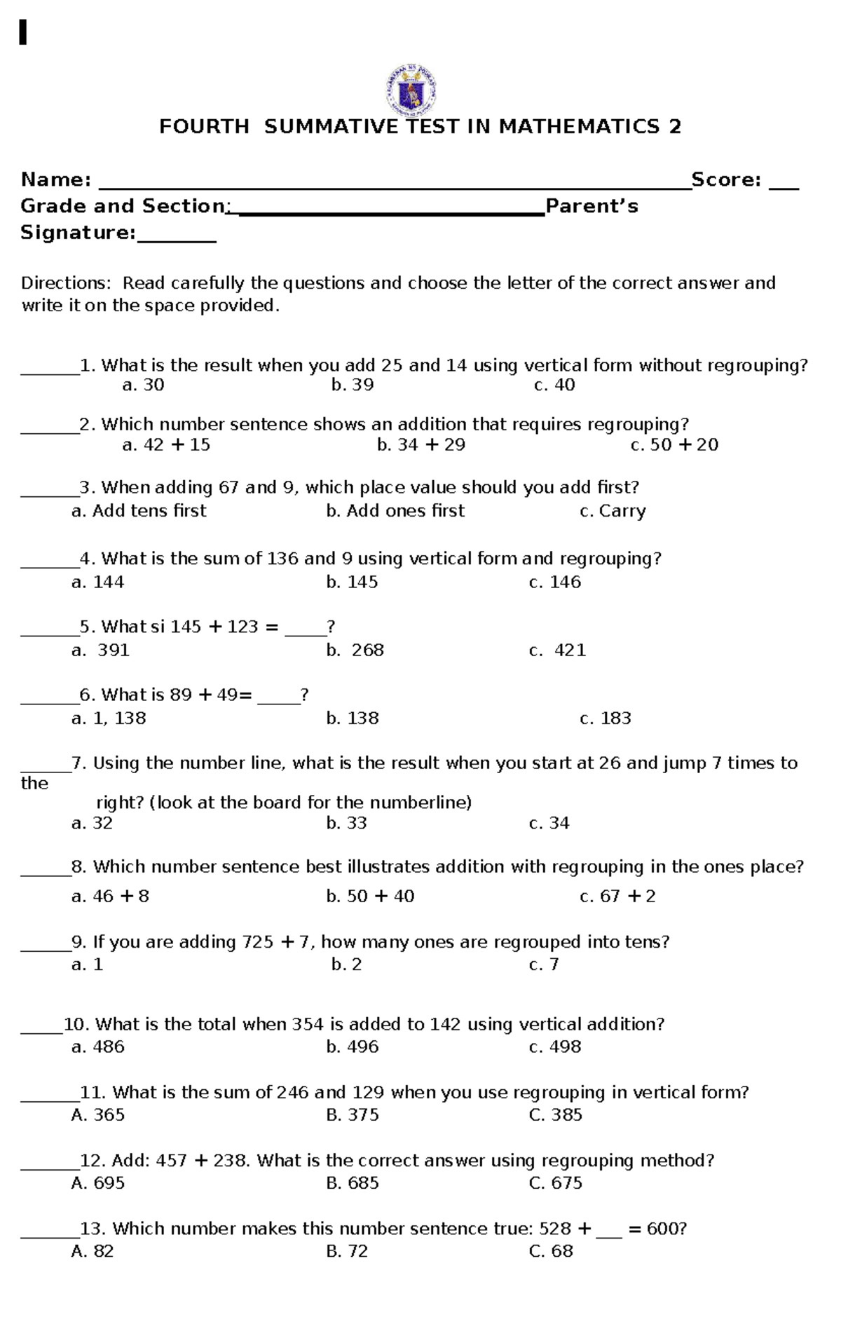 Q1 Math 2 - Fourth Summative Test on Addition Techniques - Studocu