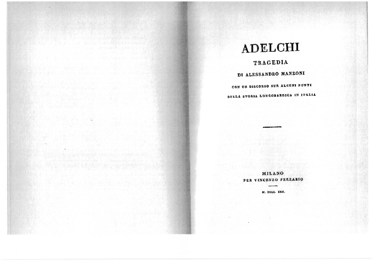 ADELCHI: Tragedia di Alessandro Manzoni - Edizione 1822 - Studocu