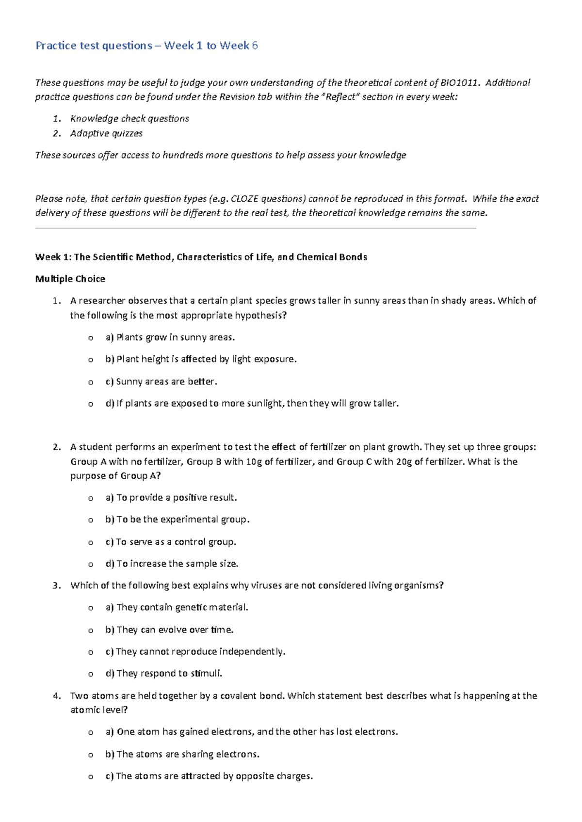 Practice Test Questions for BIO1011: Weeks 1-6 Review - Studocu