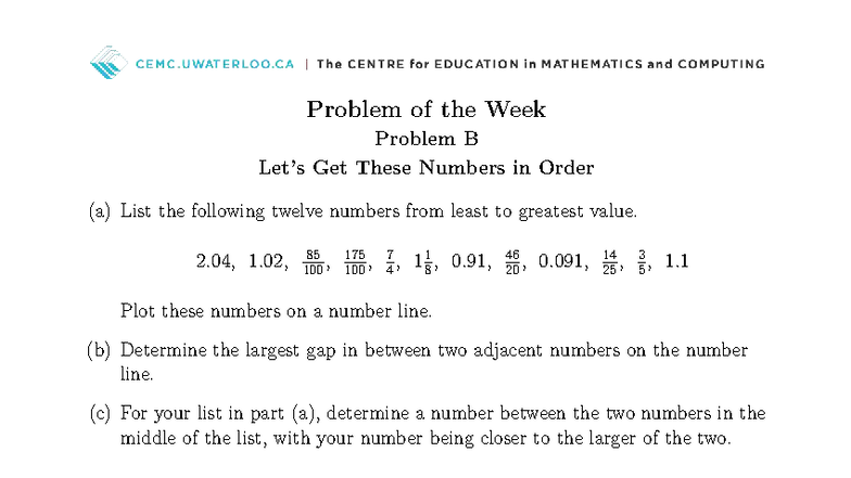 Potwb 25 N 10 P - Problem of the Week: Ordering Numbers - Studocu