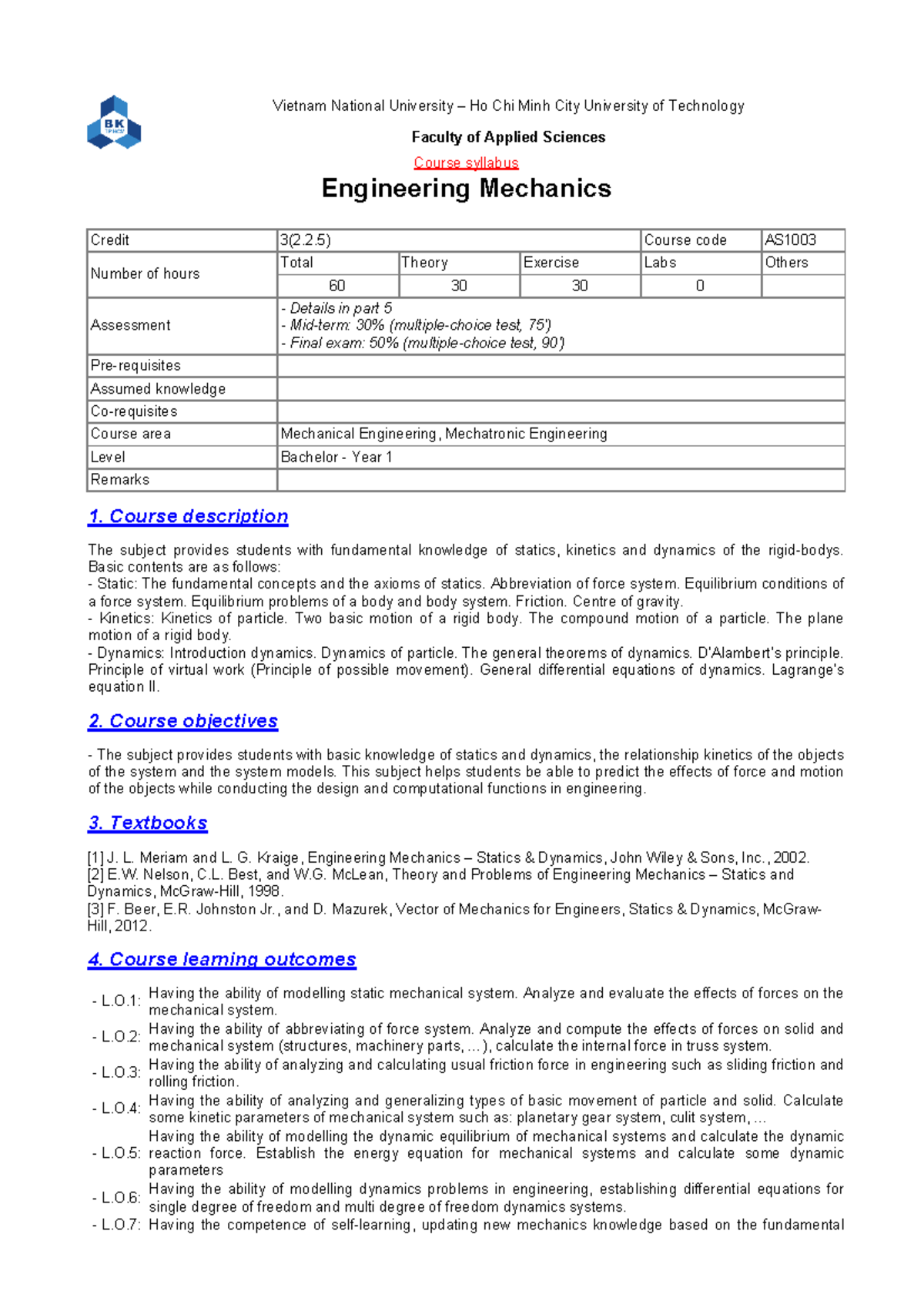 AS1003 - Engineering Mechanics - AA058 - Vietnam National University ...