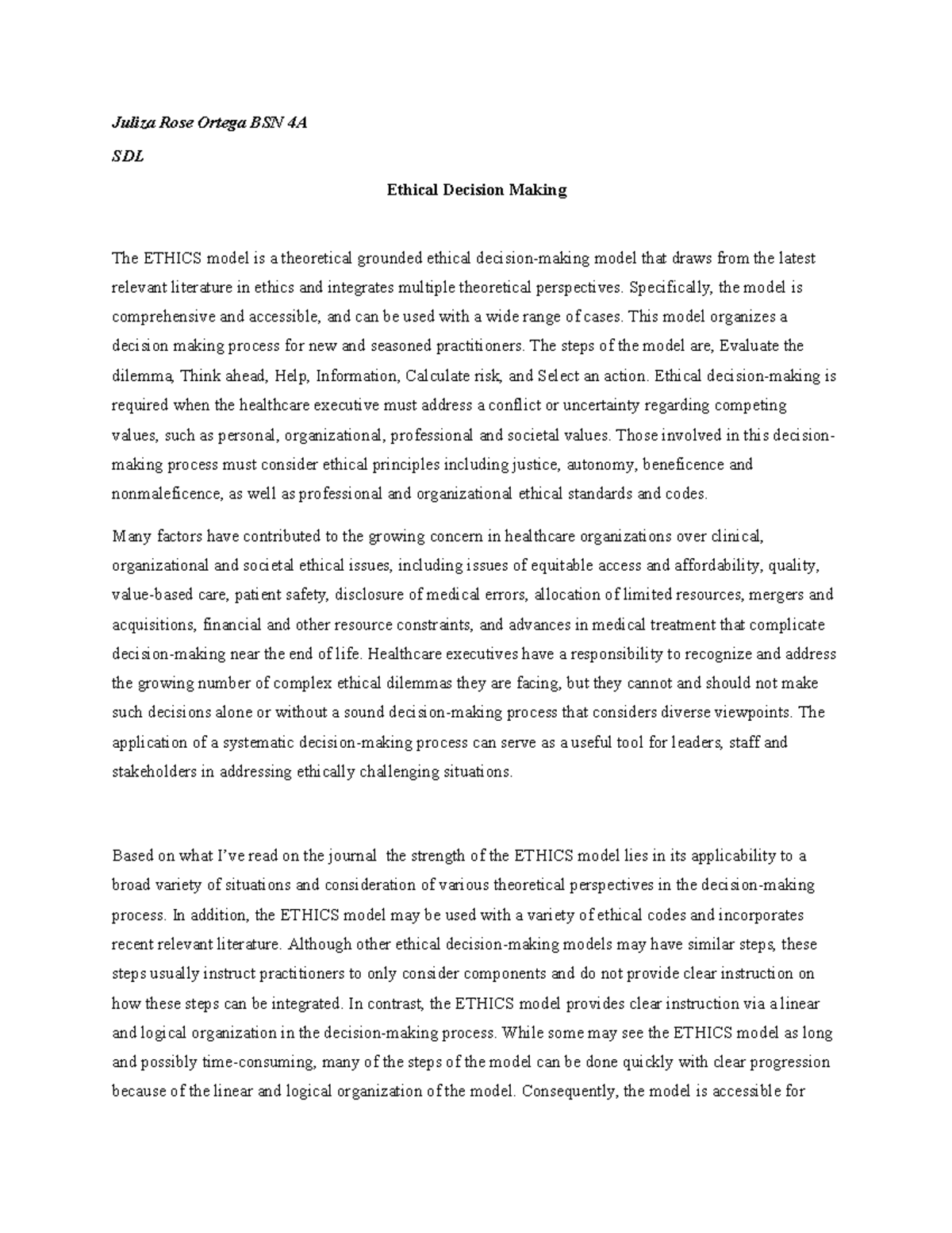 Ethical Decision-Making: The ETHICS Model Explained for BSN 4A - Studocu