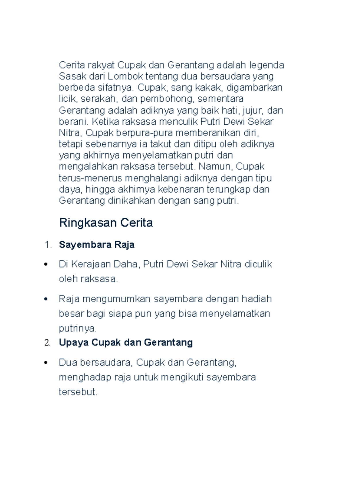 Cerita Rakyat Sasak: Legenda Cupak dan Gerantang - Studocu