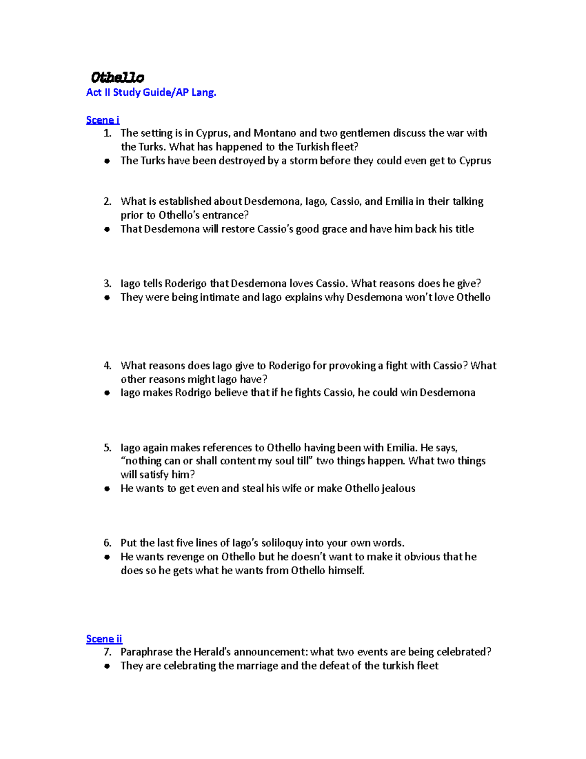 AP Lang Act II Study Guide for Othello: Key Scenes and Analysis - Studocu