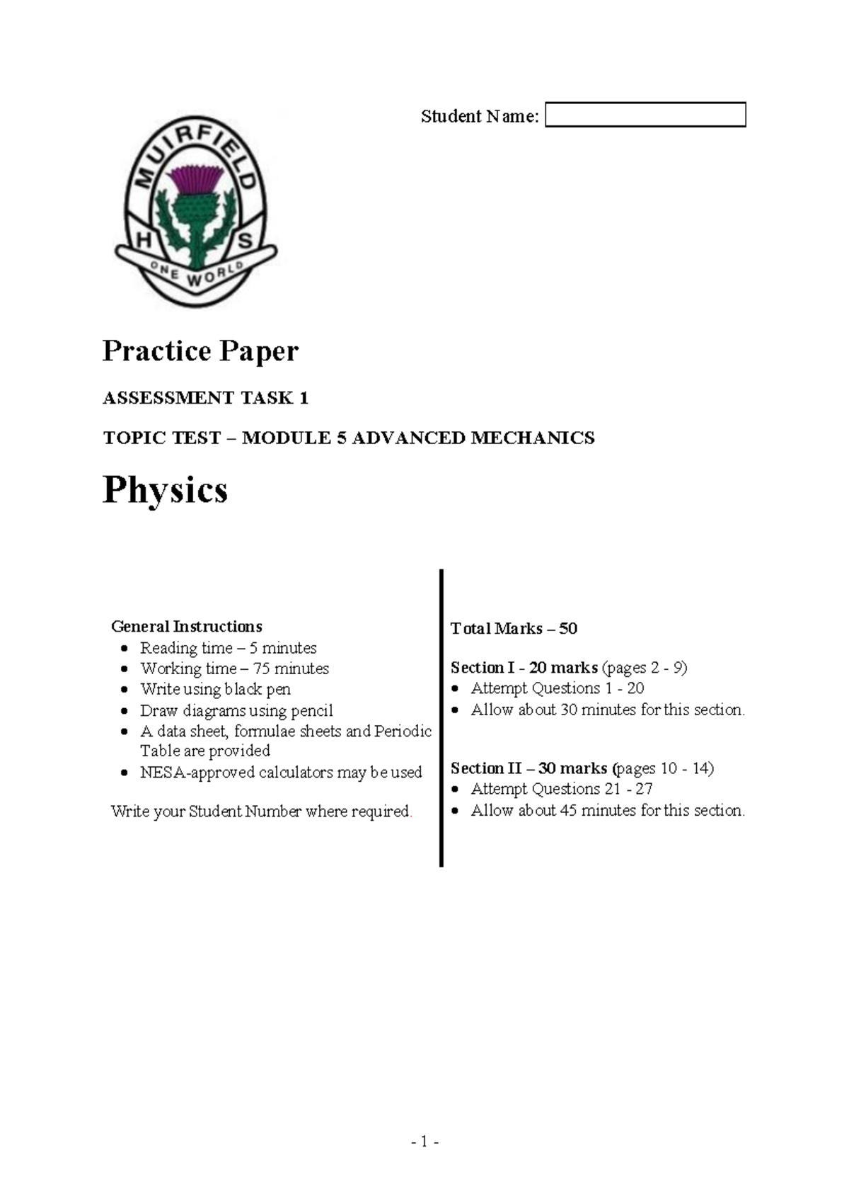 Practice Paper HSC Physics Task 1 - Module 5 Advanced Mechanics - Studocu