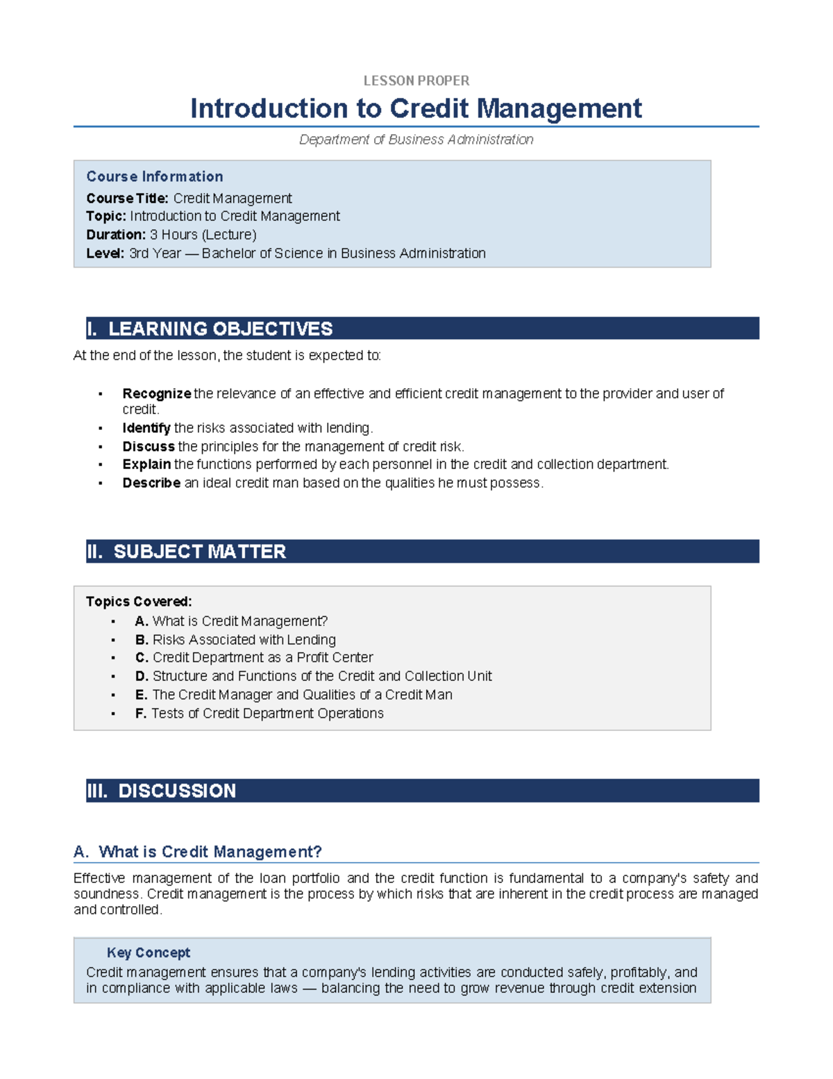 Credit Management Lesson: Understanding Risks and Functions (BSA 3 ...