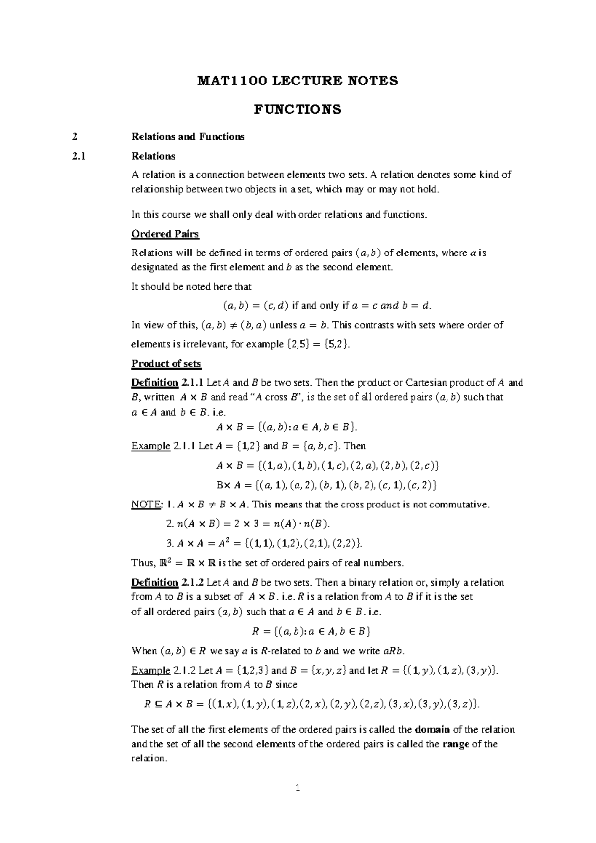 MAT1100 LECTURE NOTES: Functions and Relations Overview - Studocu