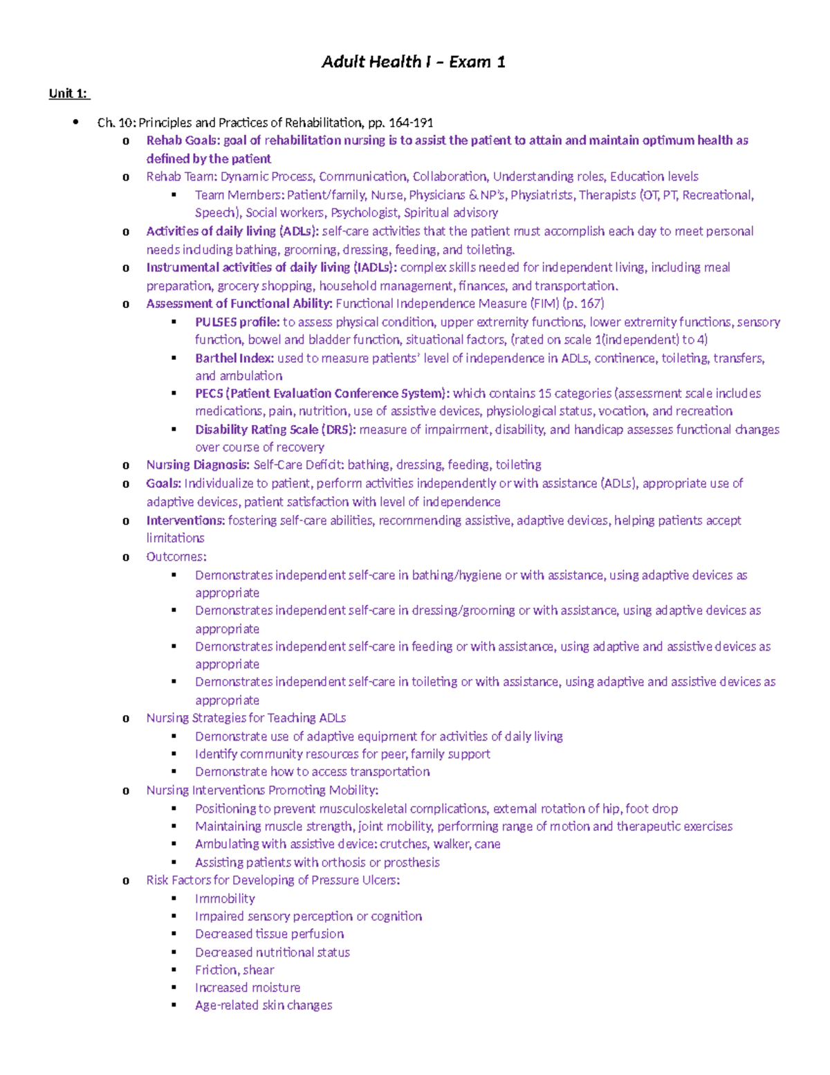 3250 Adult Health I Final Exam Review Notes and Key Concepts - Studocu