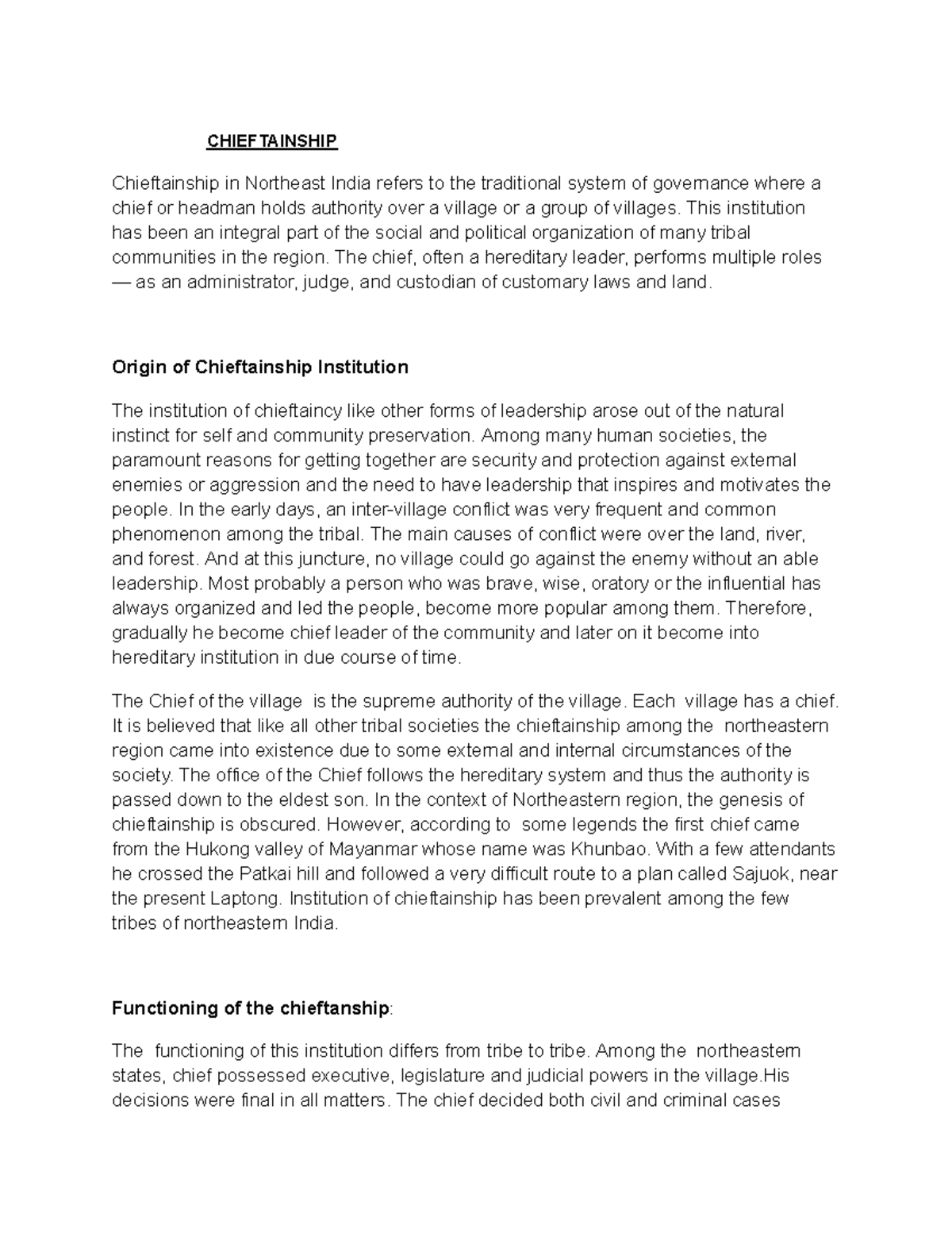 Chieftainship in Northeast India: Tradition and Modern Governance - Studocu