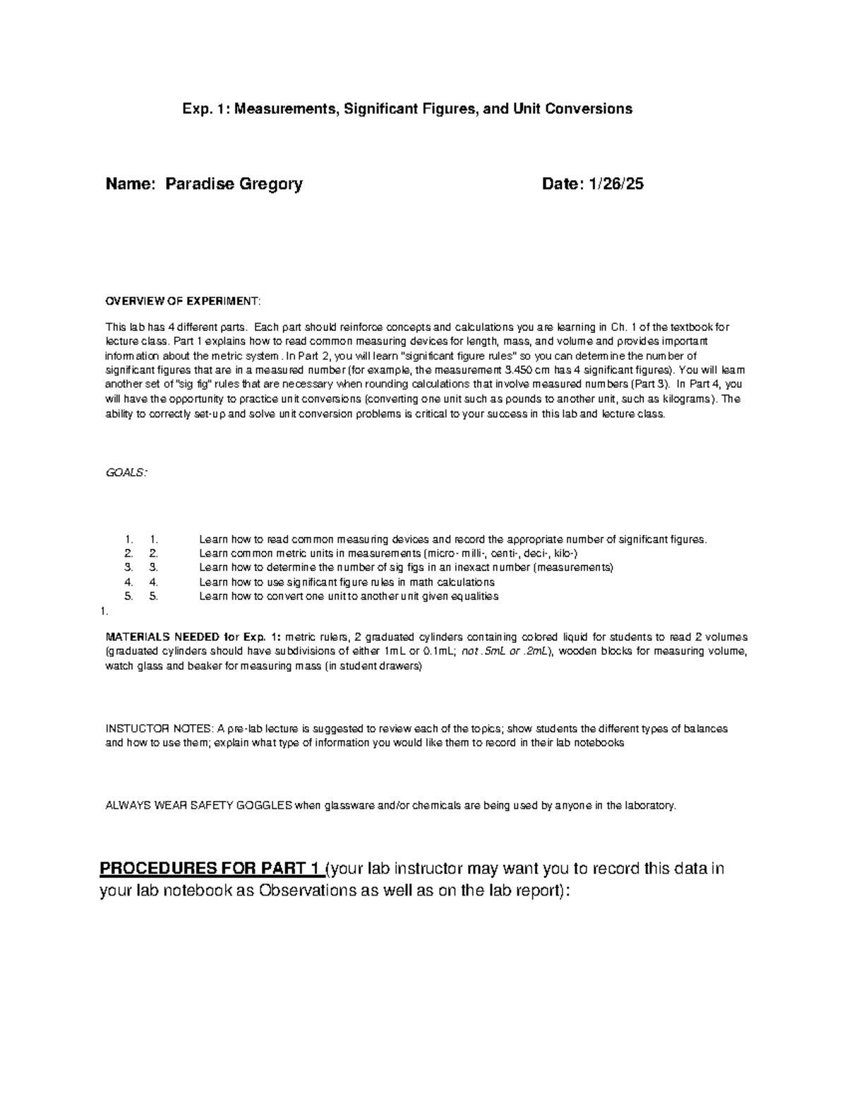 Exp. 1: Lab Report on Measurements, Sig Figs & Unit Conversions - Studocu