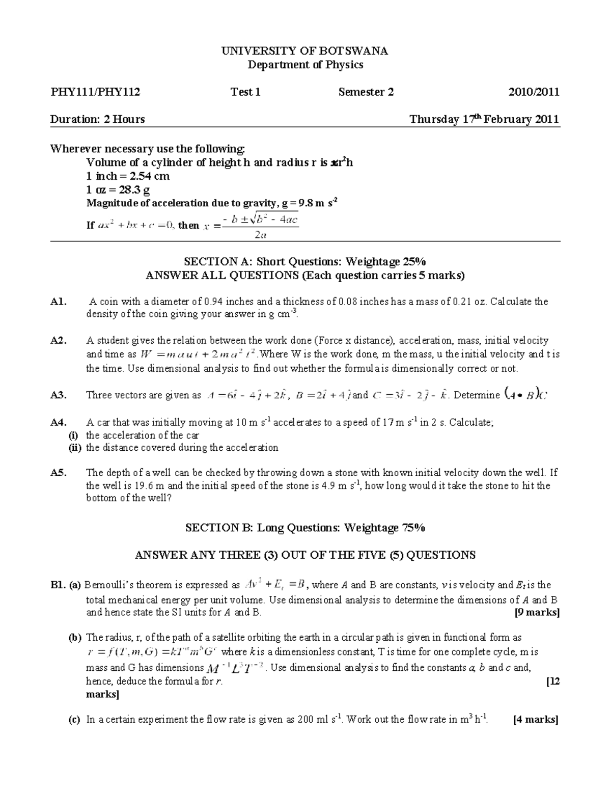 Test 1 PHYS 101 Semester 2 2011 - Physics Concepts & Calculations - Studocu