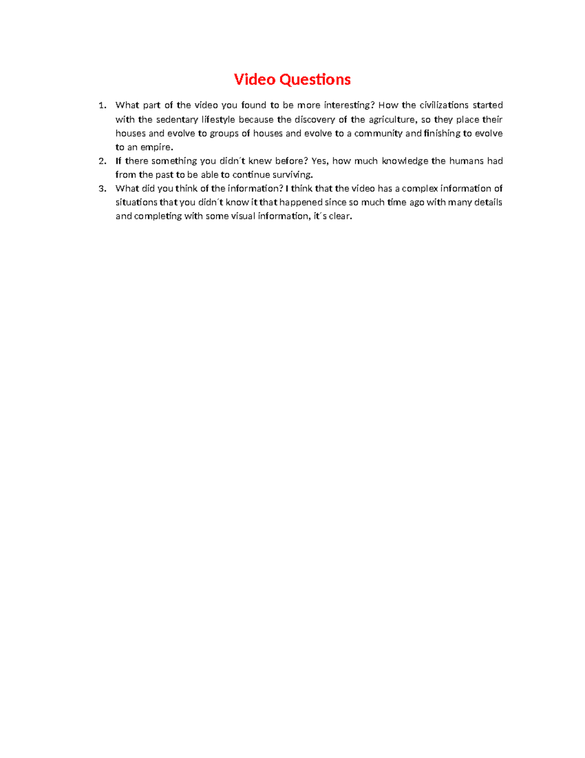 Video Questions - ... - Video Questions 1. What part of the video you ...