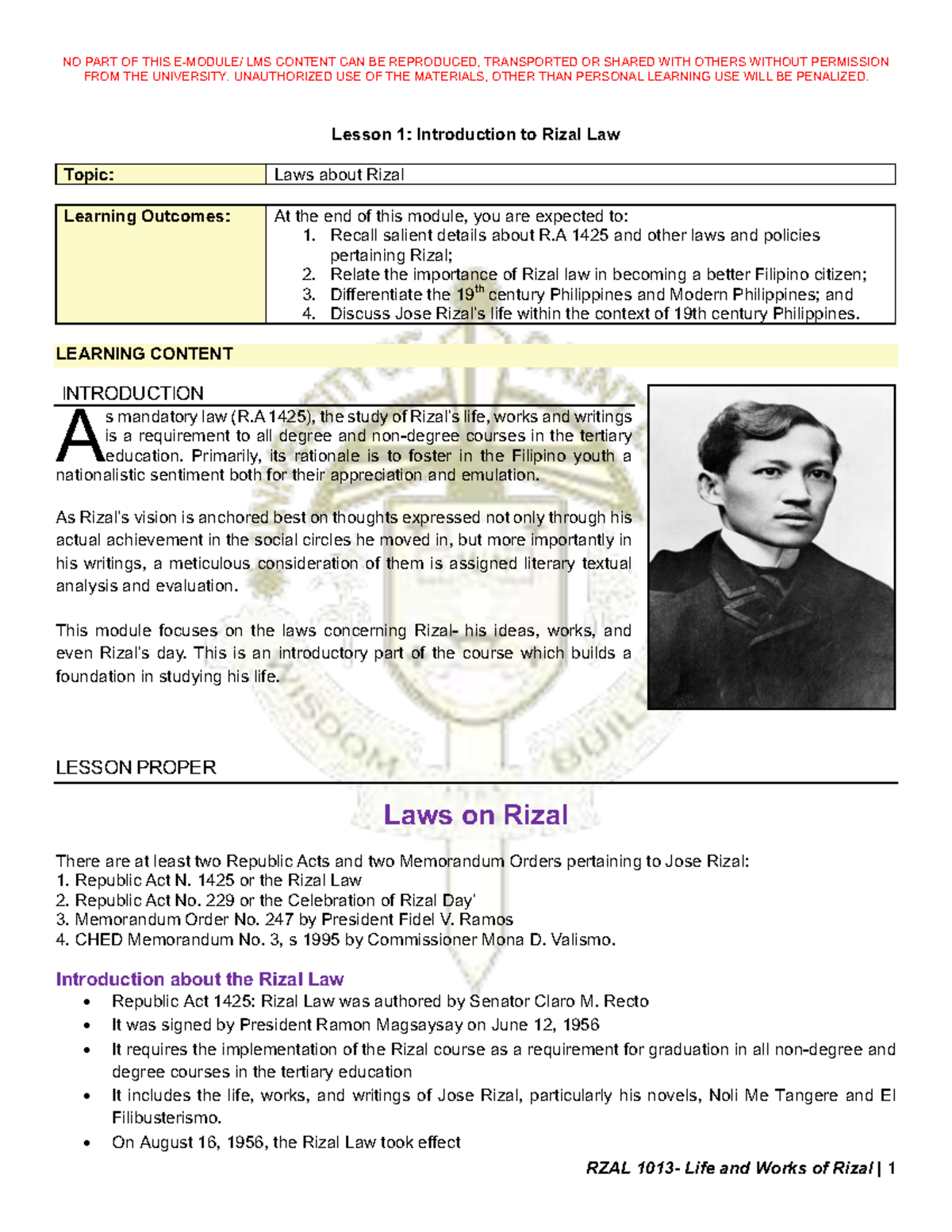 RZAL 101: Lesson 1 - Introduction to Rizal Law and Its Importance - Studocu