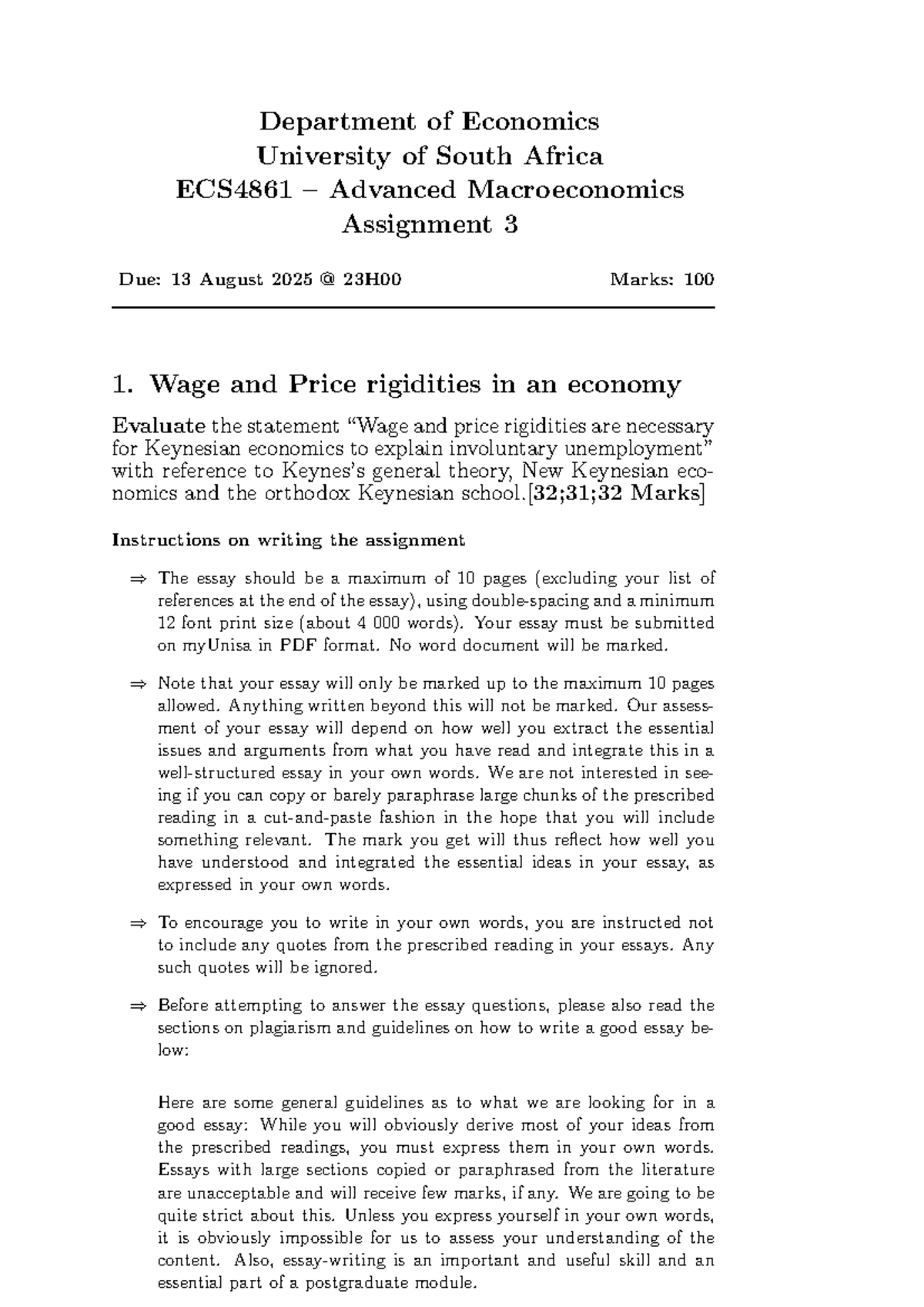 ECS4861 Advanced Macroeconomics Assignment 3: Wage and Price Rigidities ...