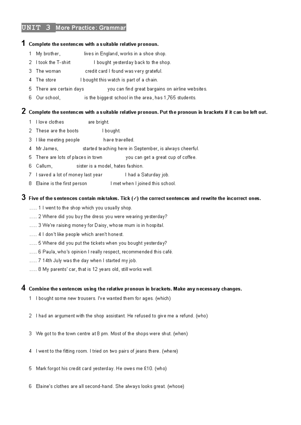 Unit 3 Grammar Practice: Relative Pronouns Exercises - Studocu