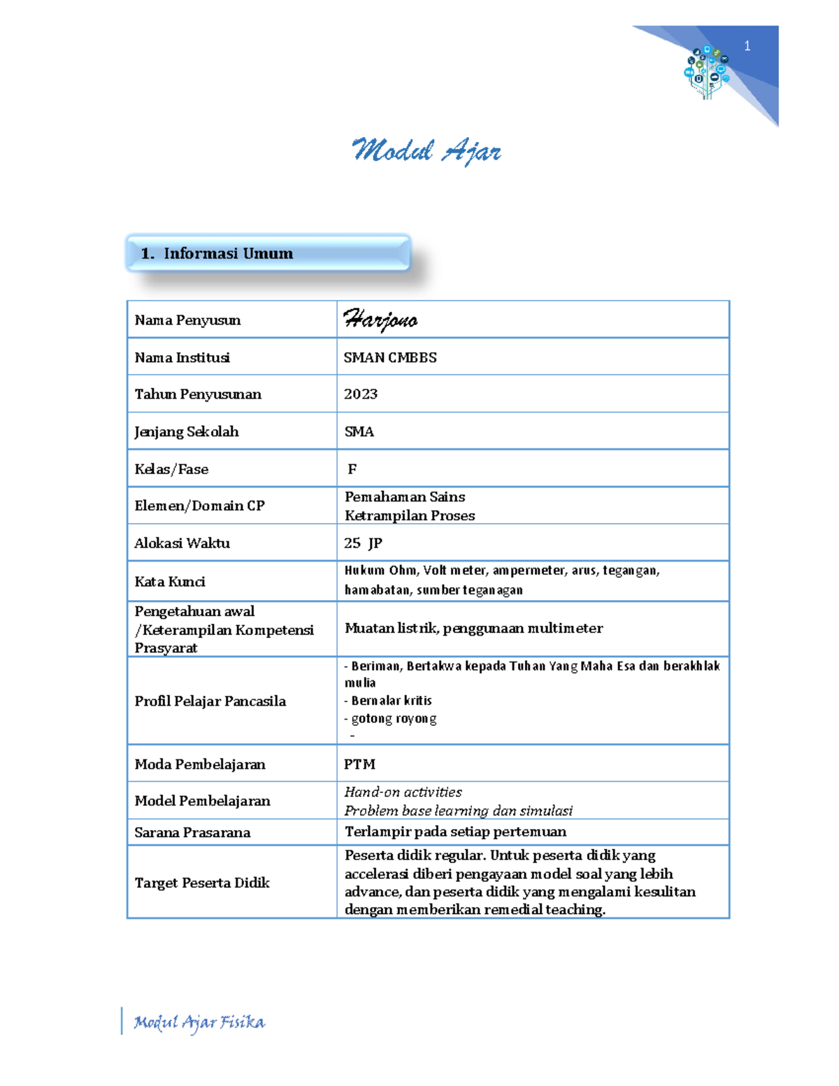 Modul Ajar Listrik Dinamis Kelas XII 2023 untuk SMA - Document Preview