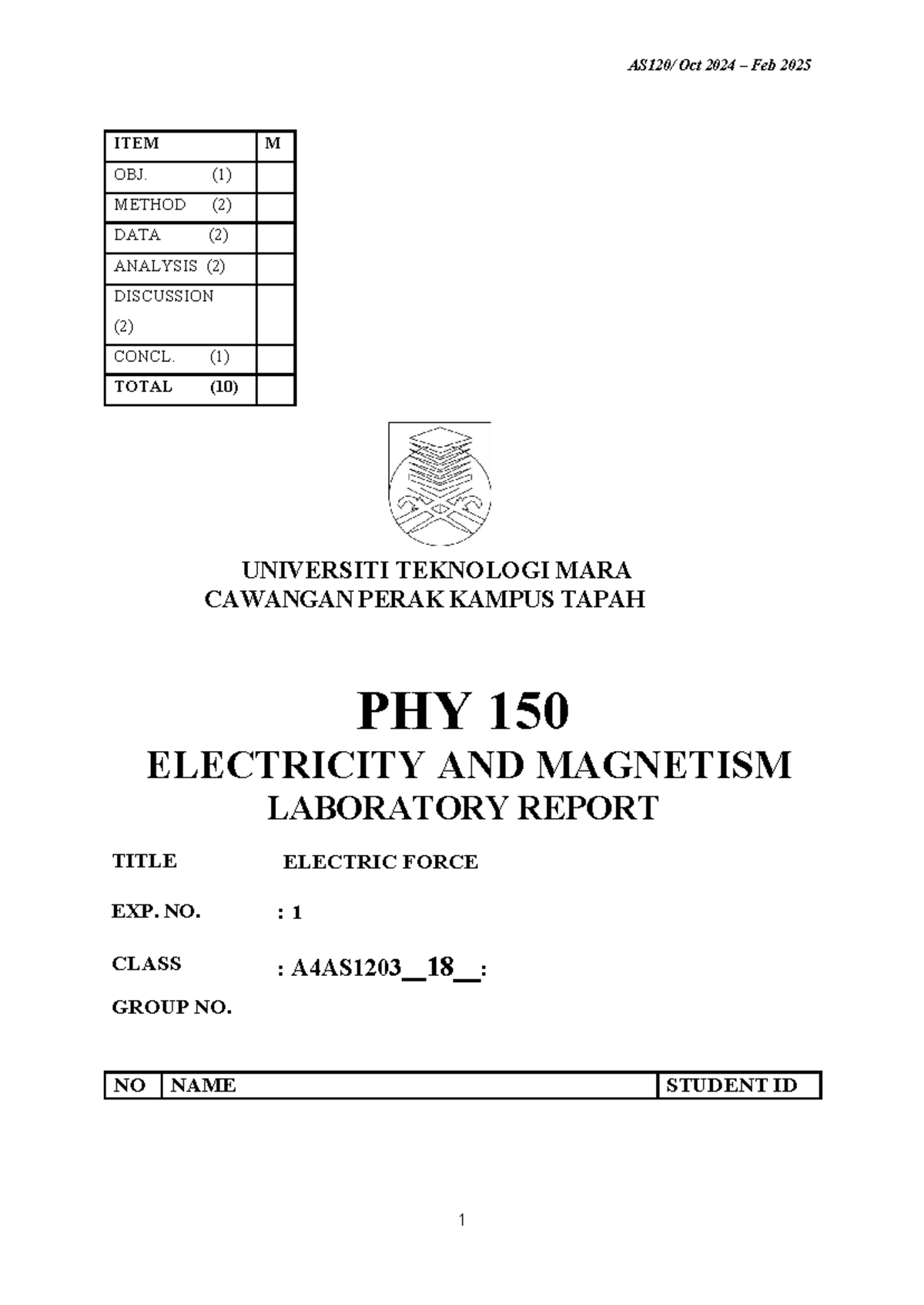 PHY150 LAB Report 1 - ITEM M OBJ. (1) METHOD (2) DATA (2) ANALYSIS (2 ...
