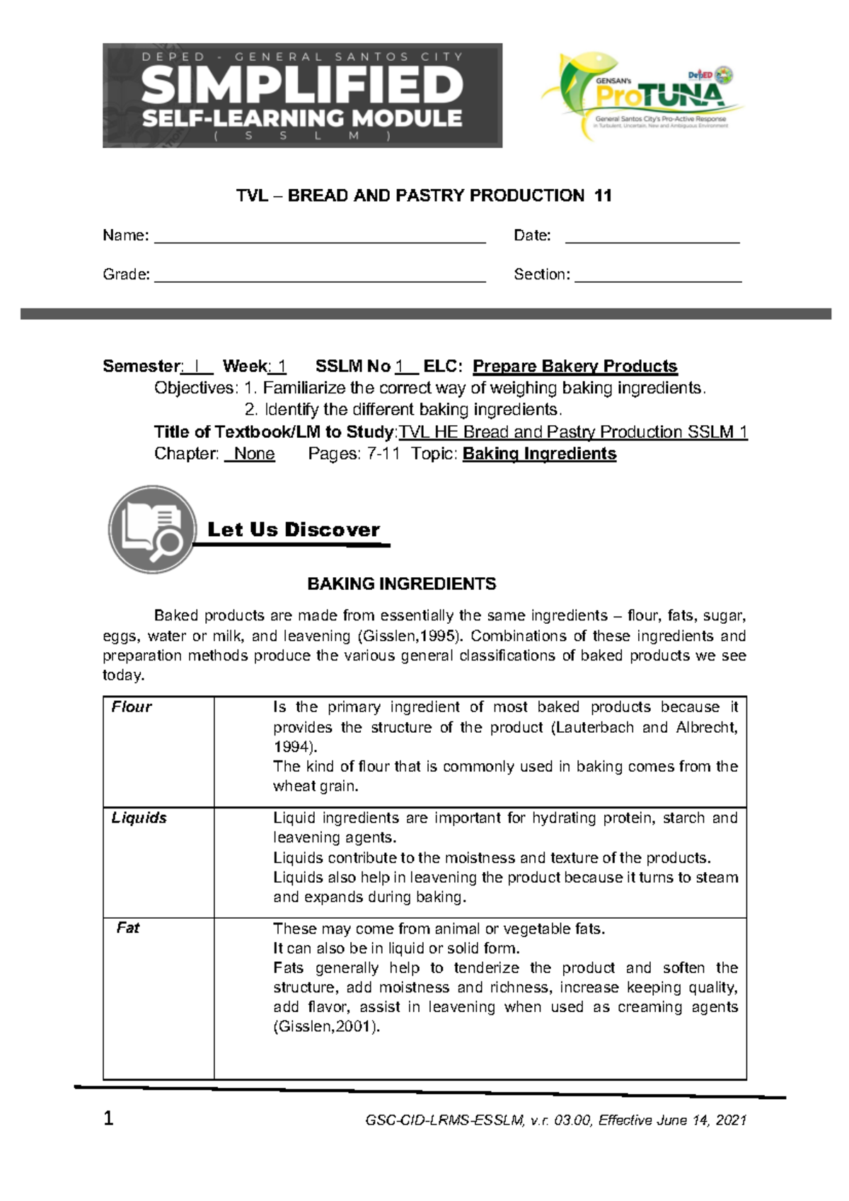 BPP11 SEM 1 SSLM 1 - bpp - TVL – BREAD AND PASTRY PRODUCTION 11 Name ...