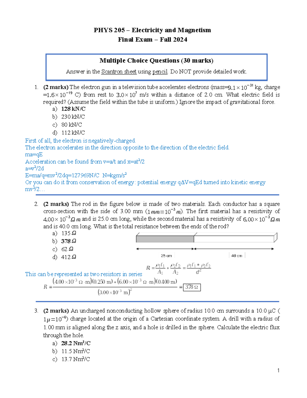 F24-PHYS 205 Electricity & Magnetism Final Exam MCQ Solutions - Studocu