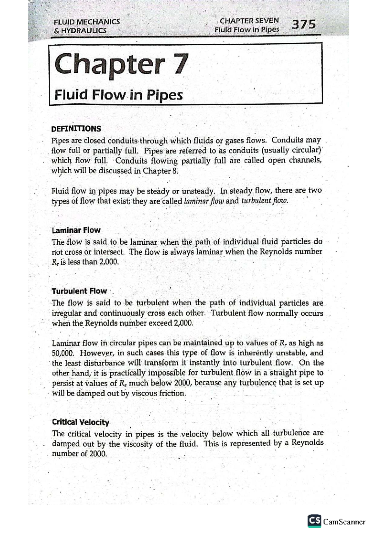 Fluid Mechanics CH 7: Hydraulics - Fluid Flow in Pipes Overview - Studocu