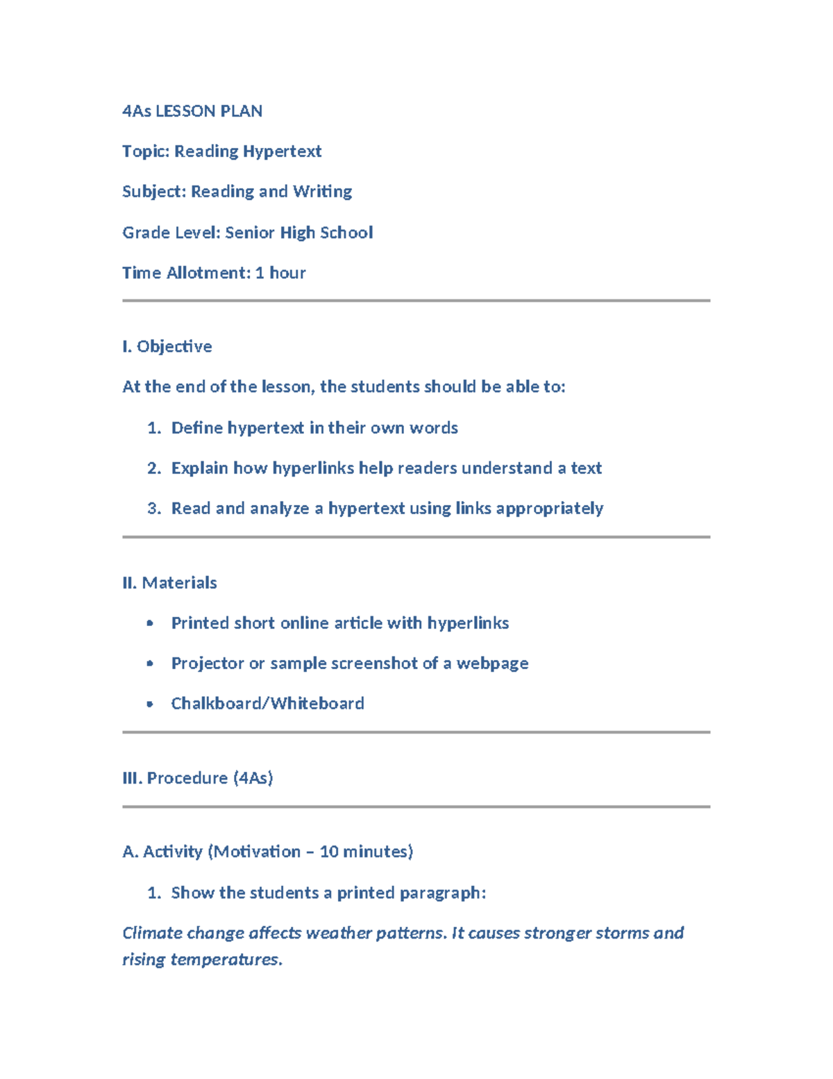 4As LESSON PLAN: Understanding Hypertext for Senior High School - Studocu