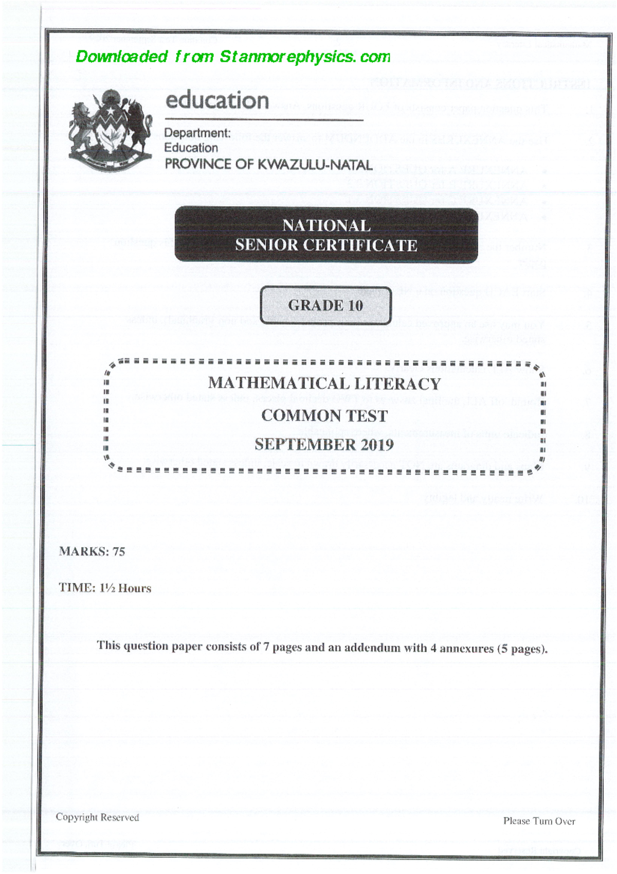 Mathematical Literacy Gr 10 Sept 2019 Common Test QP & Memo - Studocu