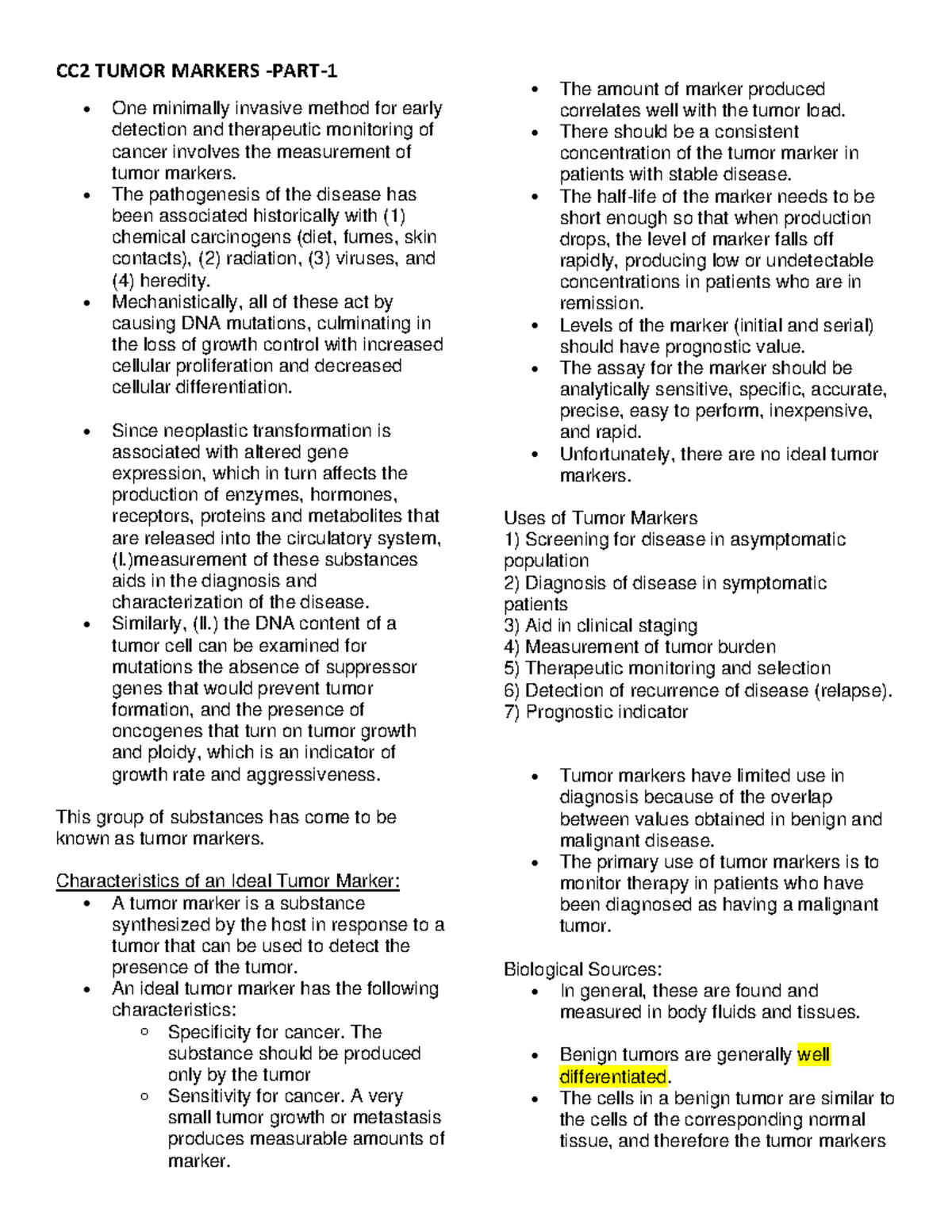 Characteristics of an Ideal Tumor Marker - CC2 Study Notes - Studocu