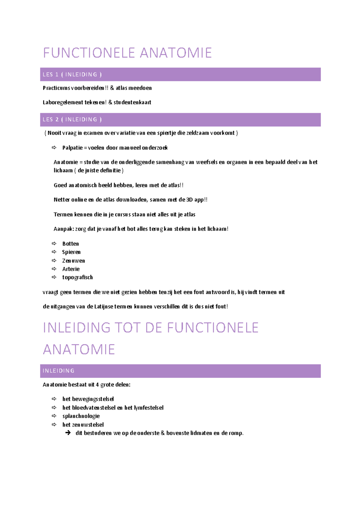 Functionele anatomie samenvatting - FUNCTIONELE ANATOMIE LES 1 ...