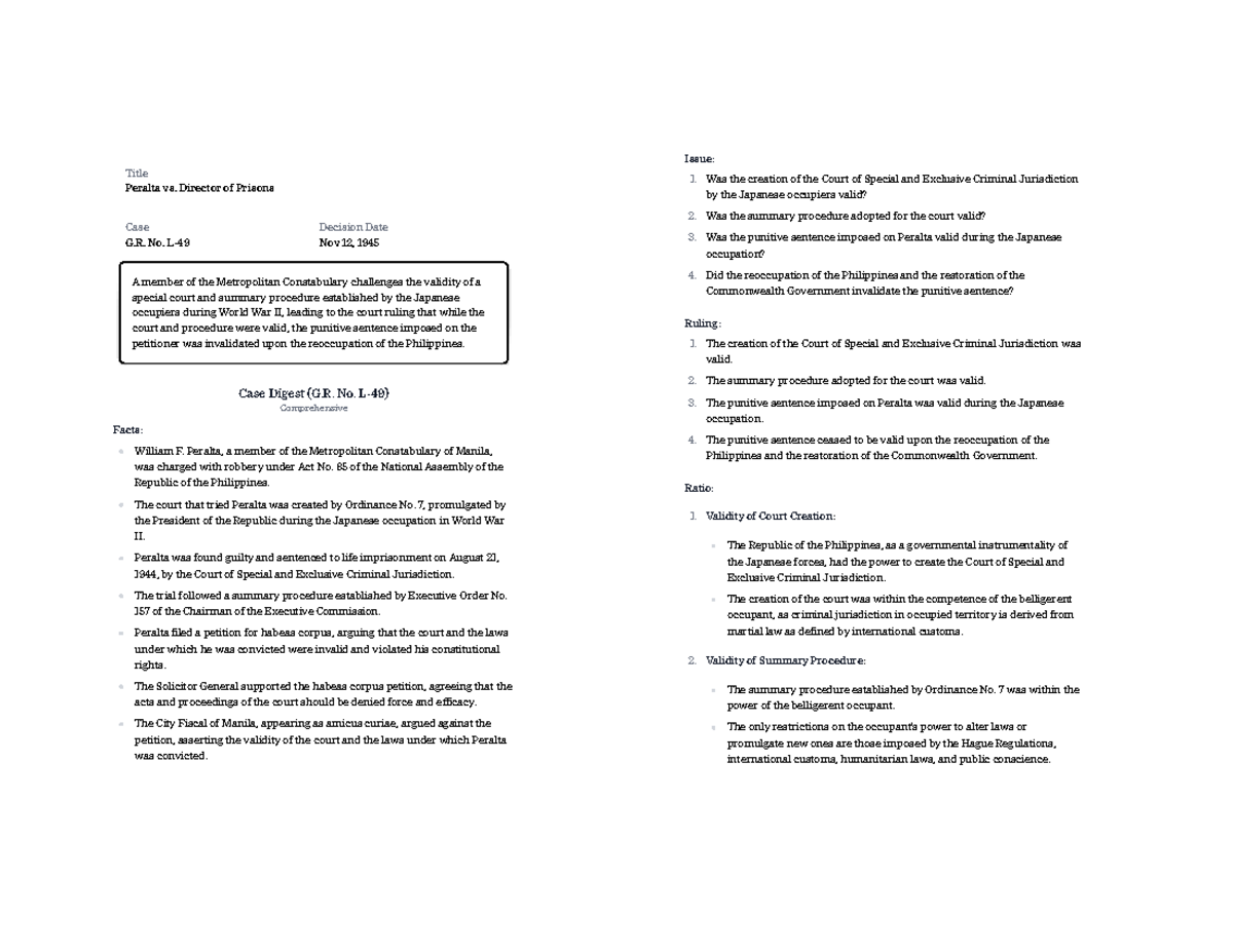 Case Digest: G.R. No. L-49 - Peralta vs. Director of Prisons Analysis ...