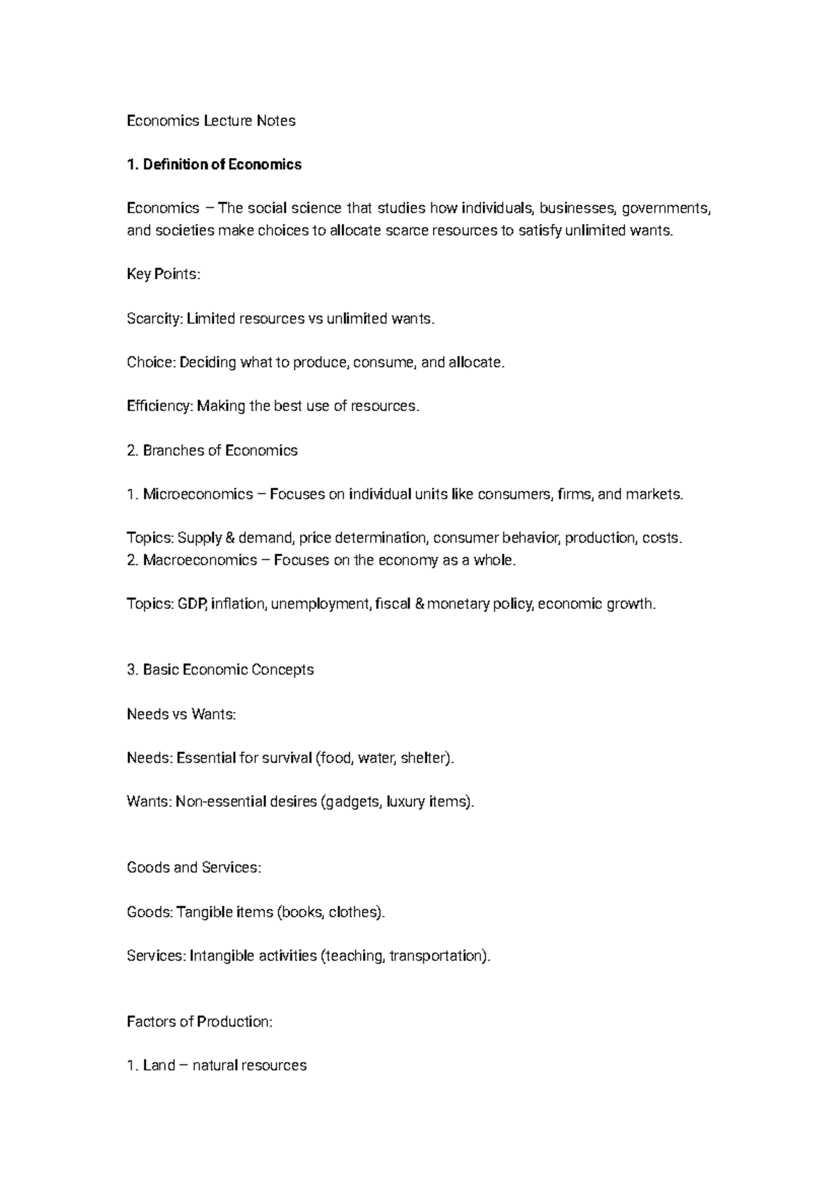 Economics Lecture Notes 1: Key Concepts & Definitions - Studocu