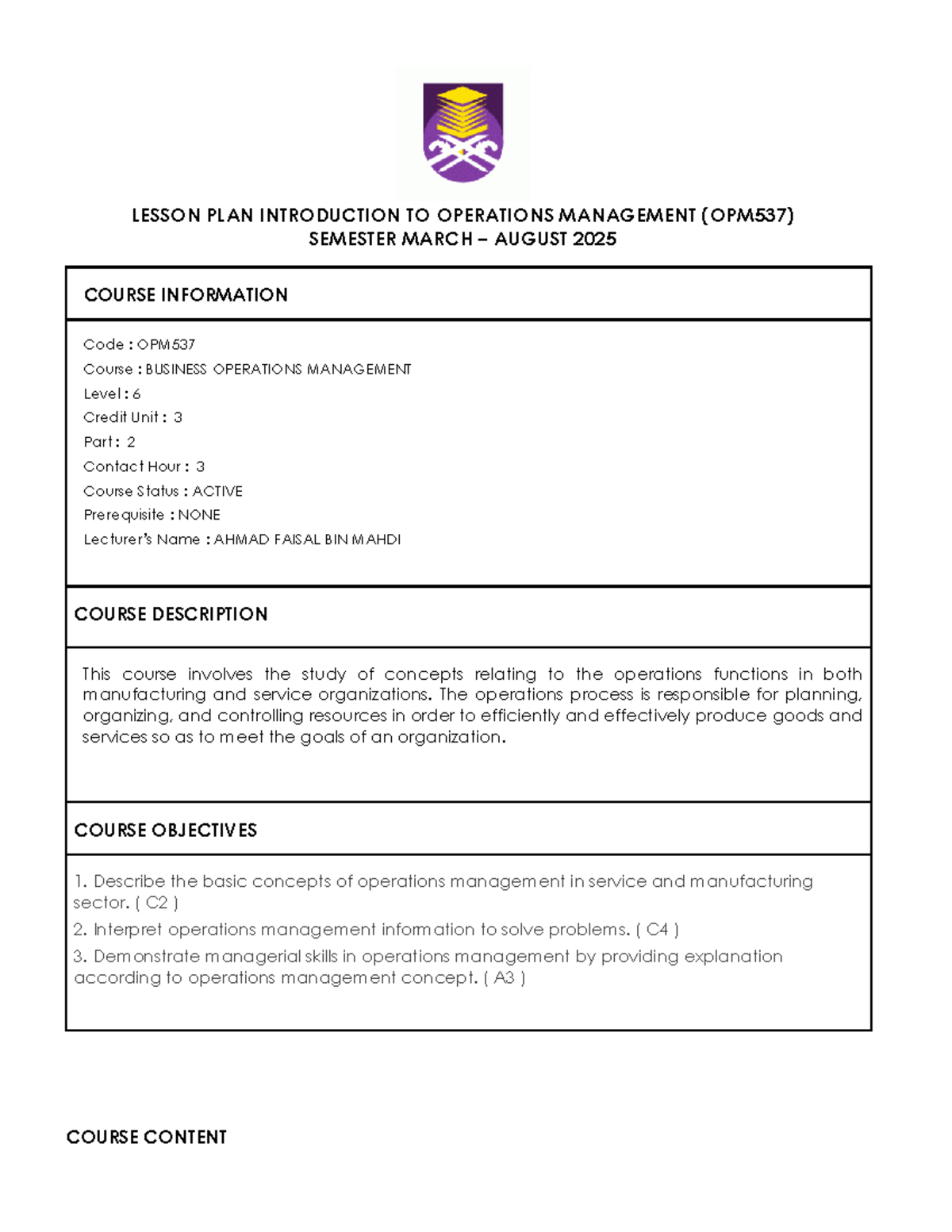 LESSON PLAN: INTRODUCTION TO OPERATIONS MANAGEMENT (OPM537) - Studocu