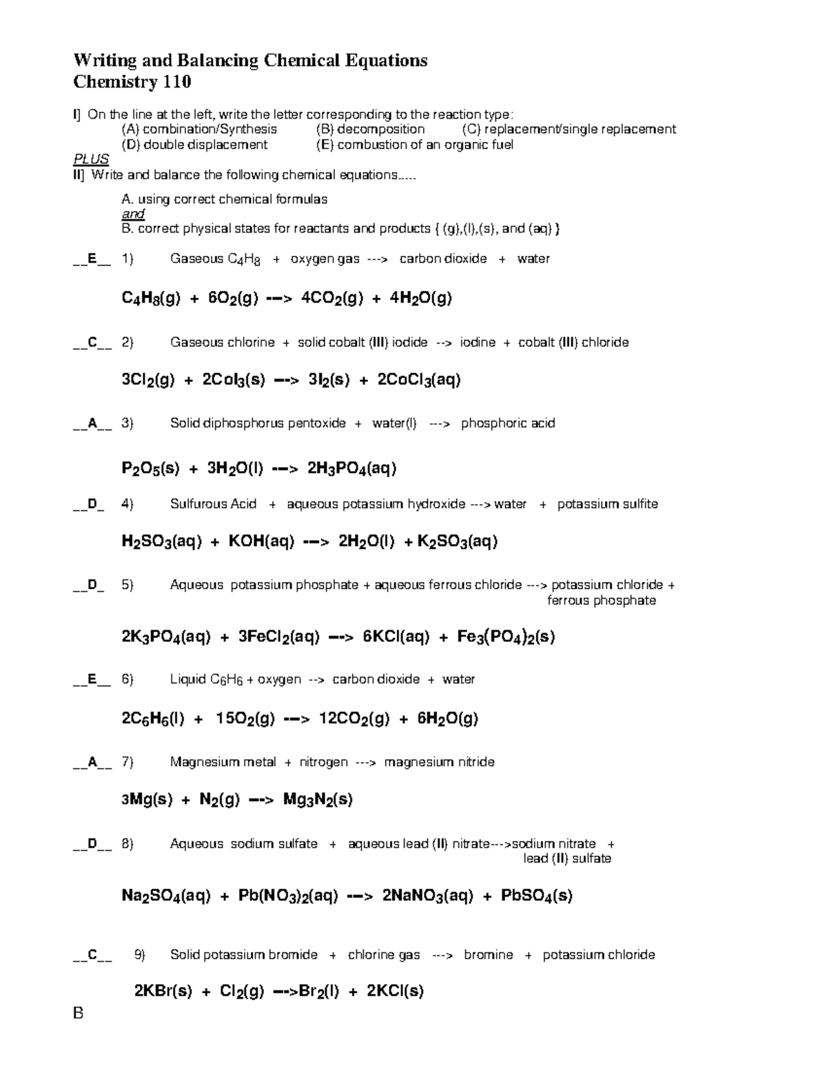 Chemistry 110: Writing & Balancing Chemical Equations Guide - Studocu
