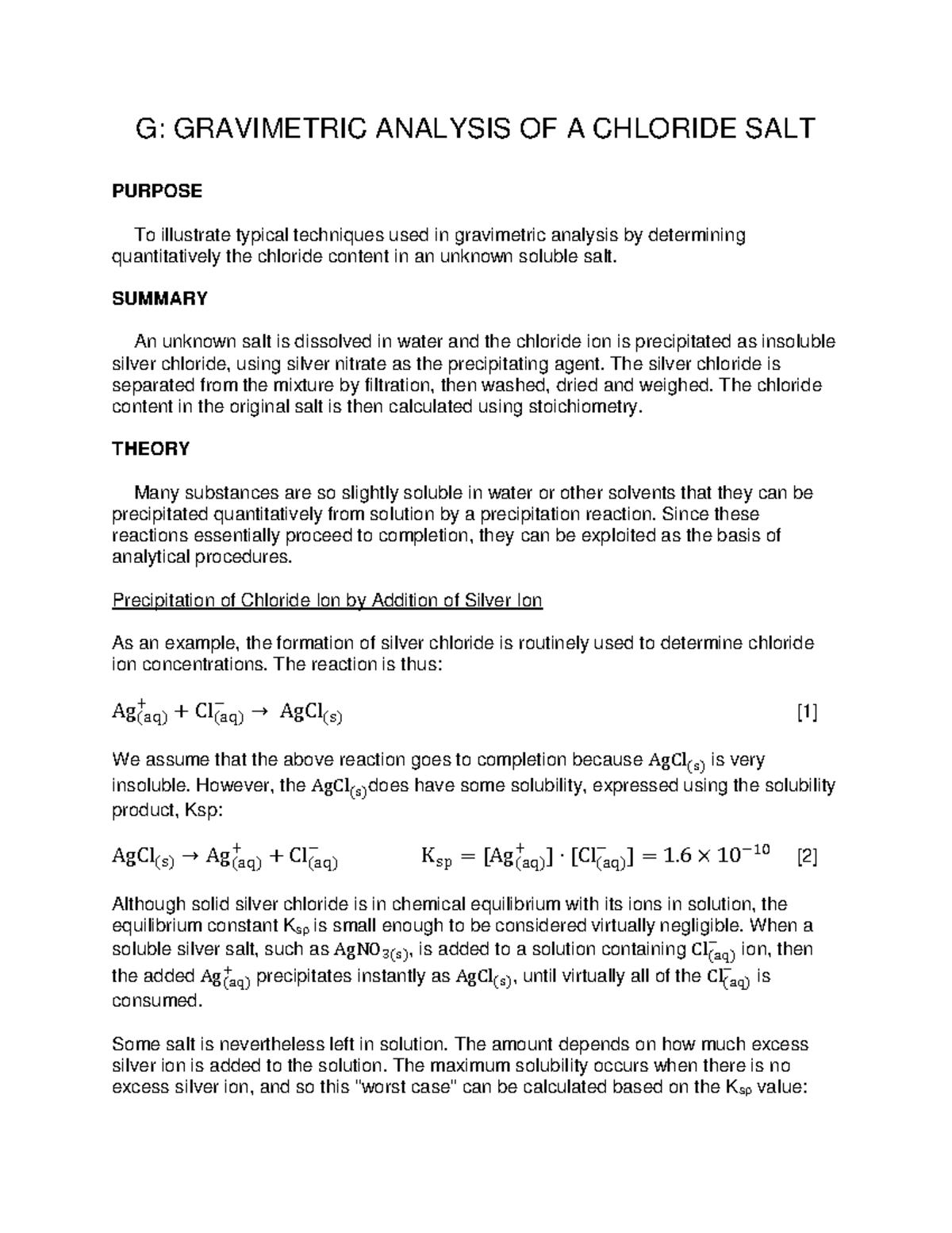 Lab Manual - Gravimetric Analysis of a Chloride Salt - G: GRAVIMETRIC ...