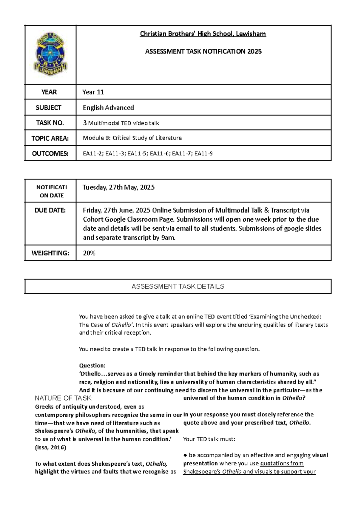 Year 11 English Advanced Task 3: Multimodal TED Talk on Othello - Studocu