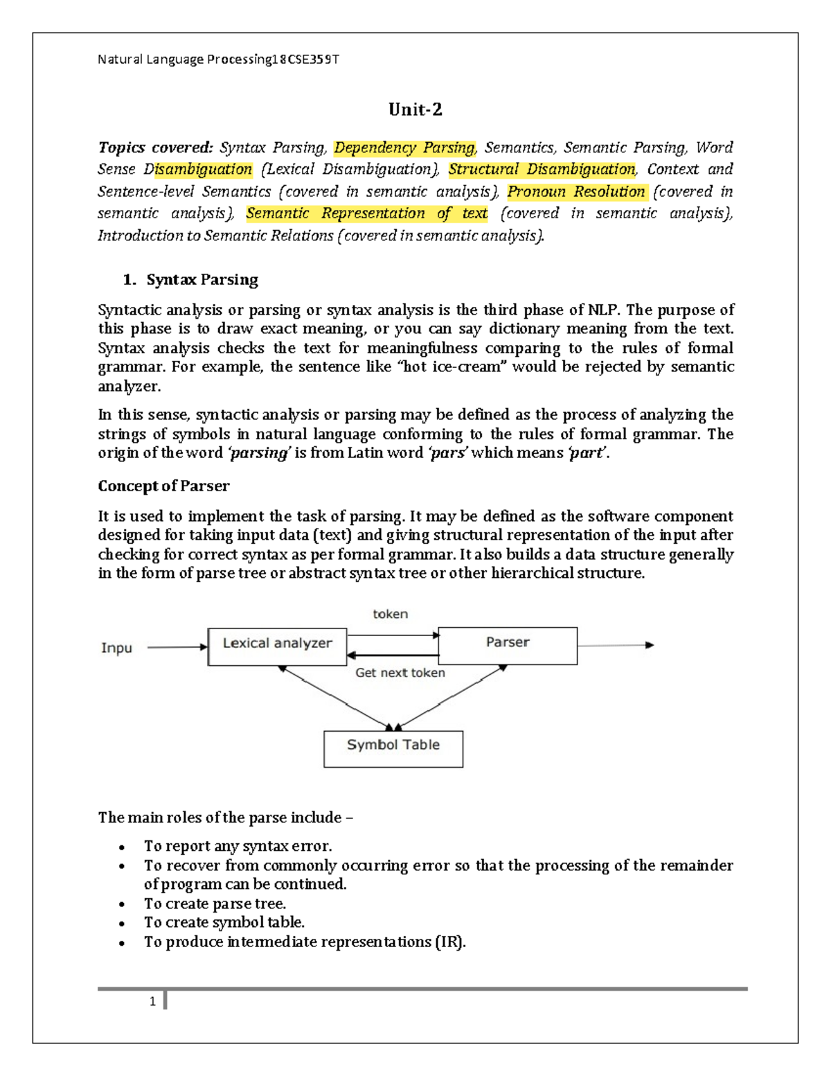 NLP 101 Unit 2 - Lecture Notes on Syntax and Semantic Parsing - Studocu